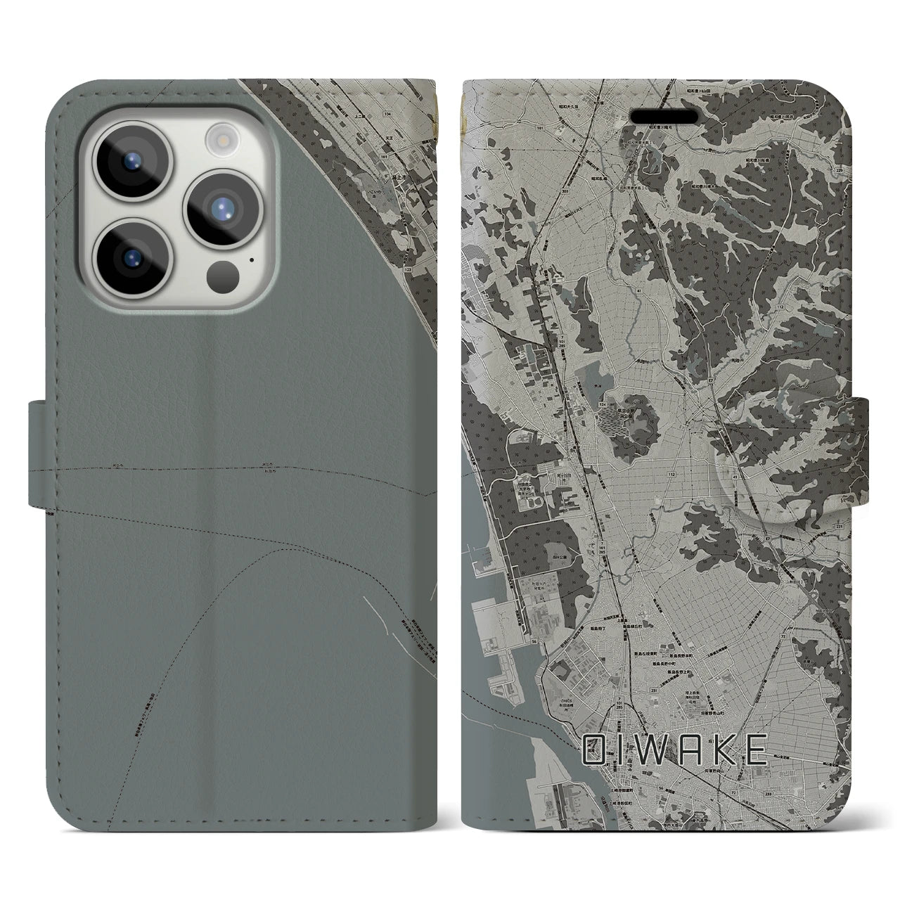 【追分(秋田県)】地図柄iPhoneケース(手帳タイプ)モノトーン・iPhone 15 Pro 用