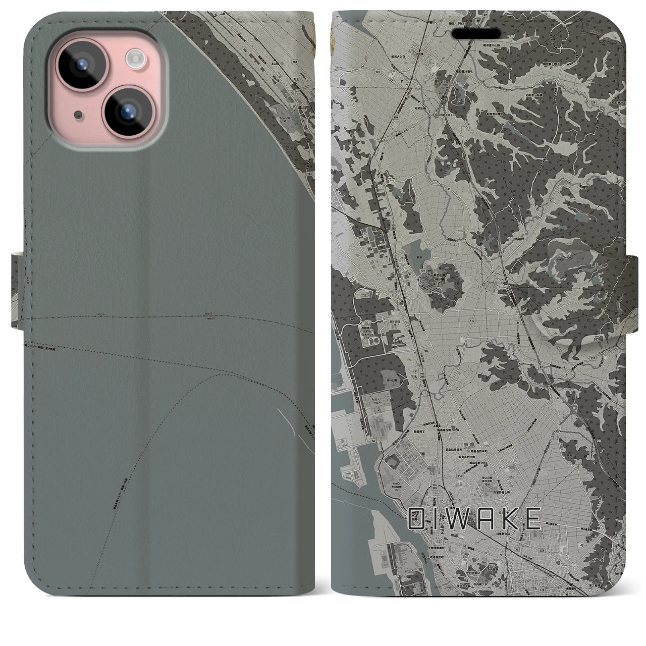 【追分(秋田県)】地図柄iPhoneケース(手帳タイプ)モノトーン・iPhone 15 Plus 用