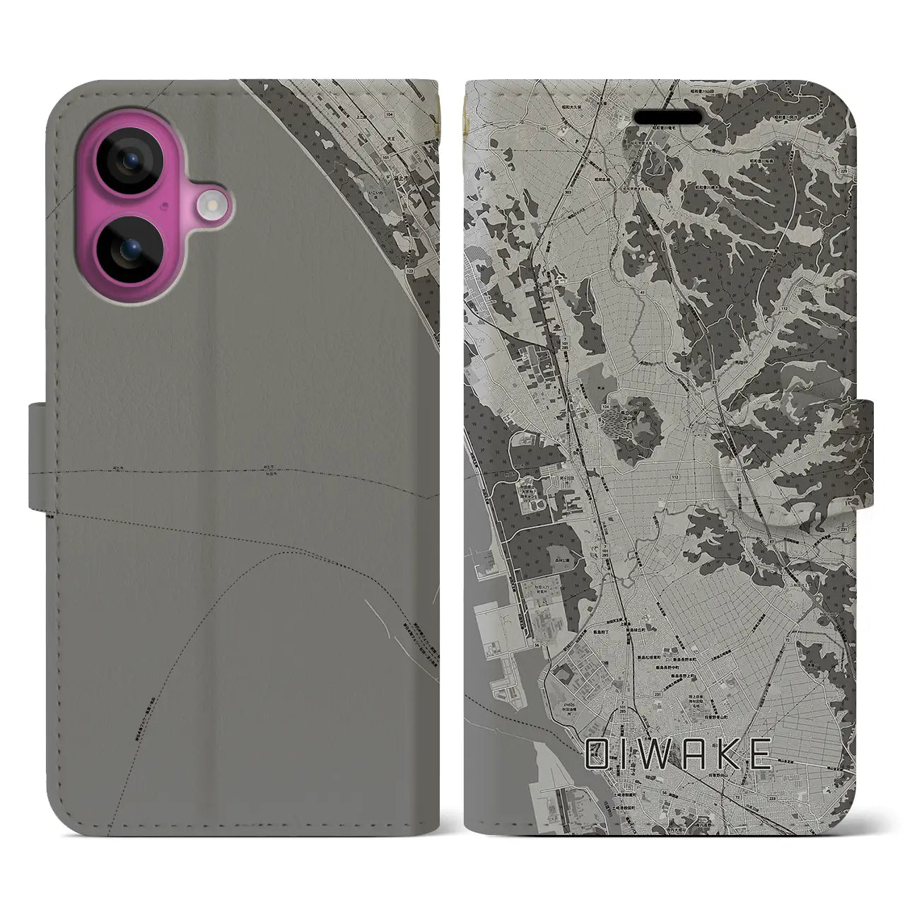 【追分(秋田県)】地図柄iPhoneケース(手帳タイプ)モノトーン・iPhone 16 Pro 用