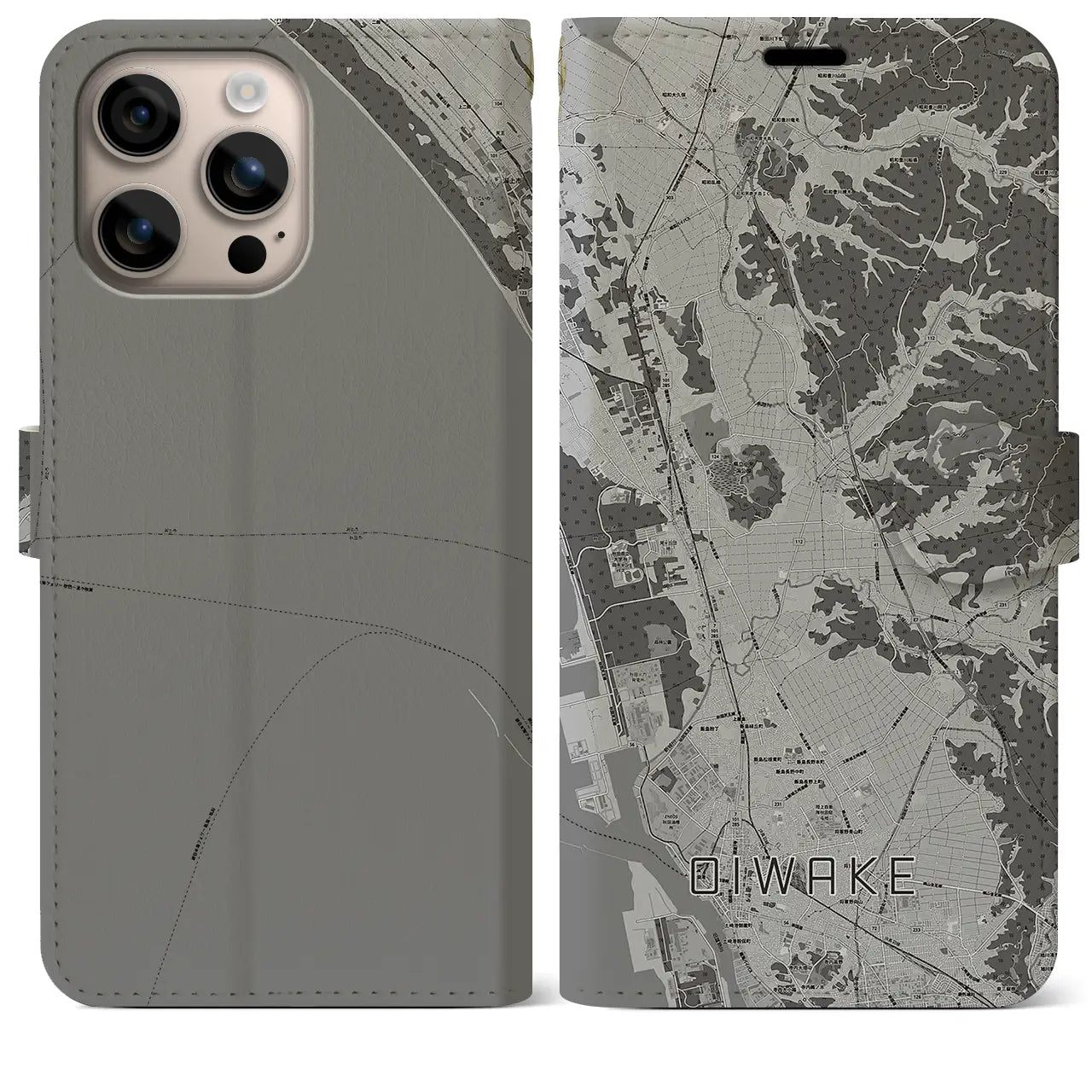【追分(秋田県)】地図柄iPhoneケース(手帳タイプ)モノトーン・iPhone 16 Plus 用
