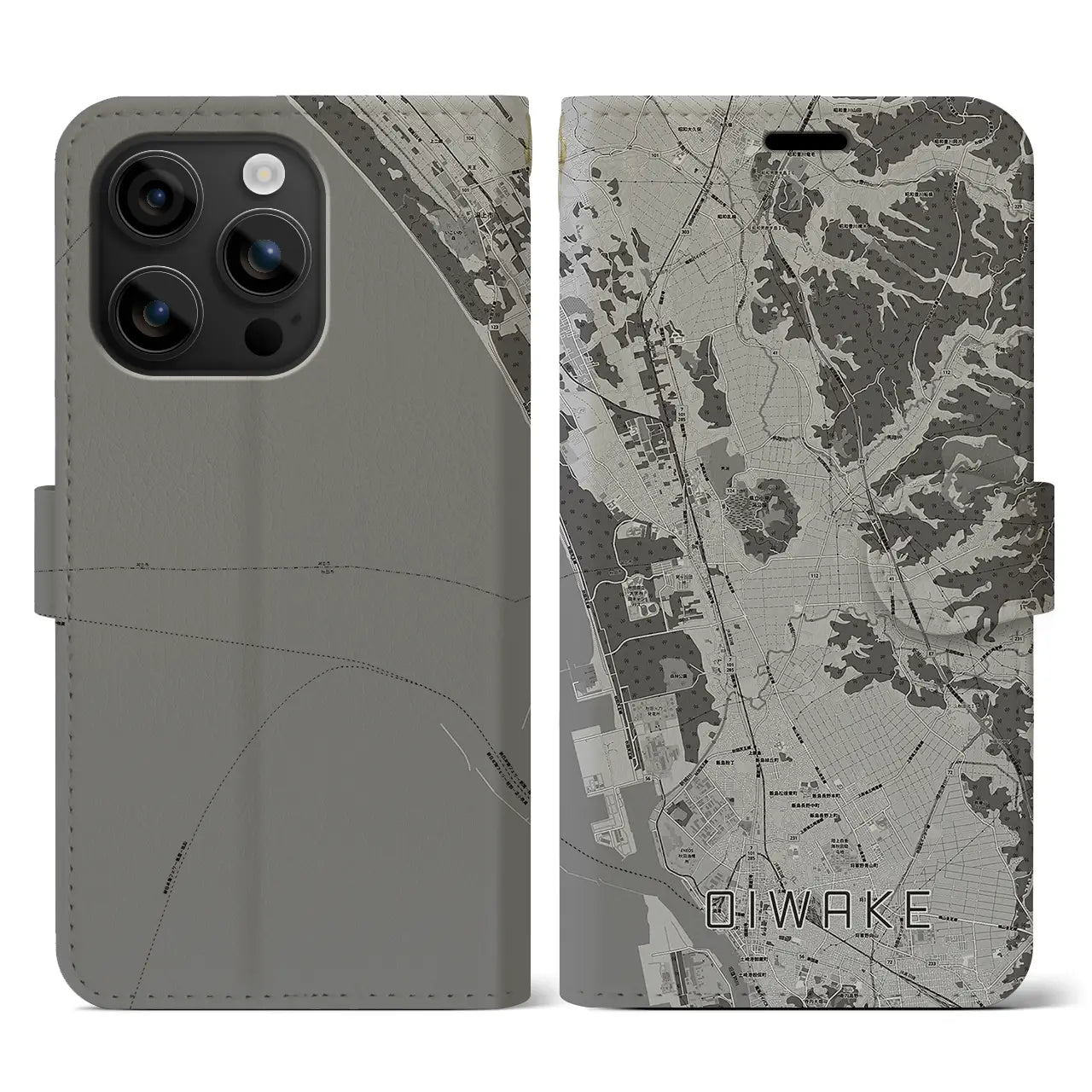 【追分(秋田県)】地図柄iPhoneケース(手帳タイプ)モノトーン・iPhone 16 用
