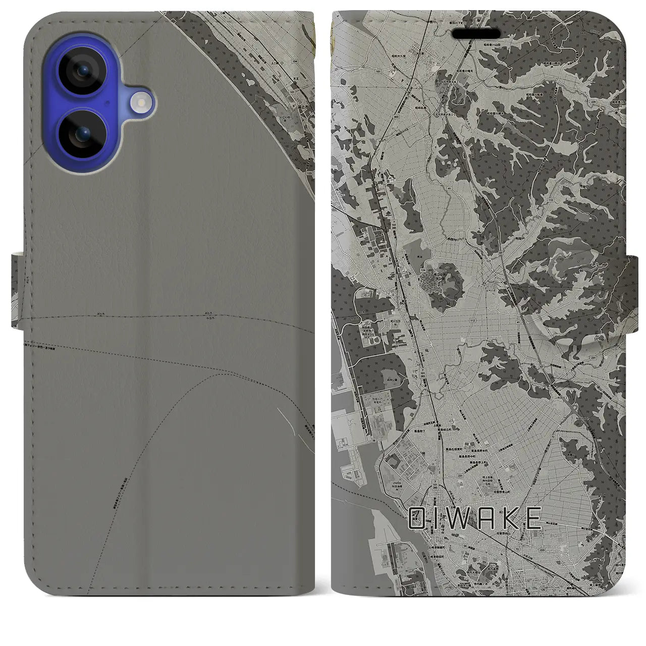 【追分(秋田県)】地図柄iPhoneケース(手帳タイプ)モノトーン・iPhone 16 Pro Max 用