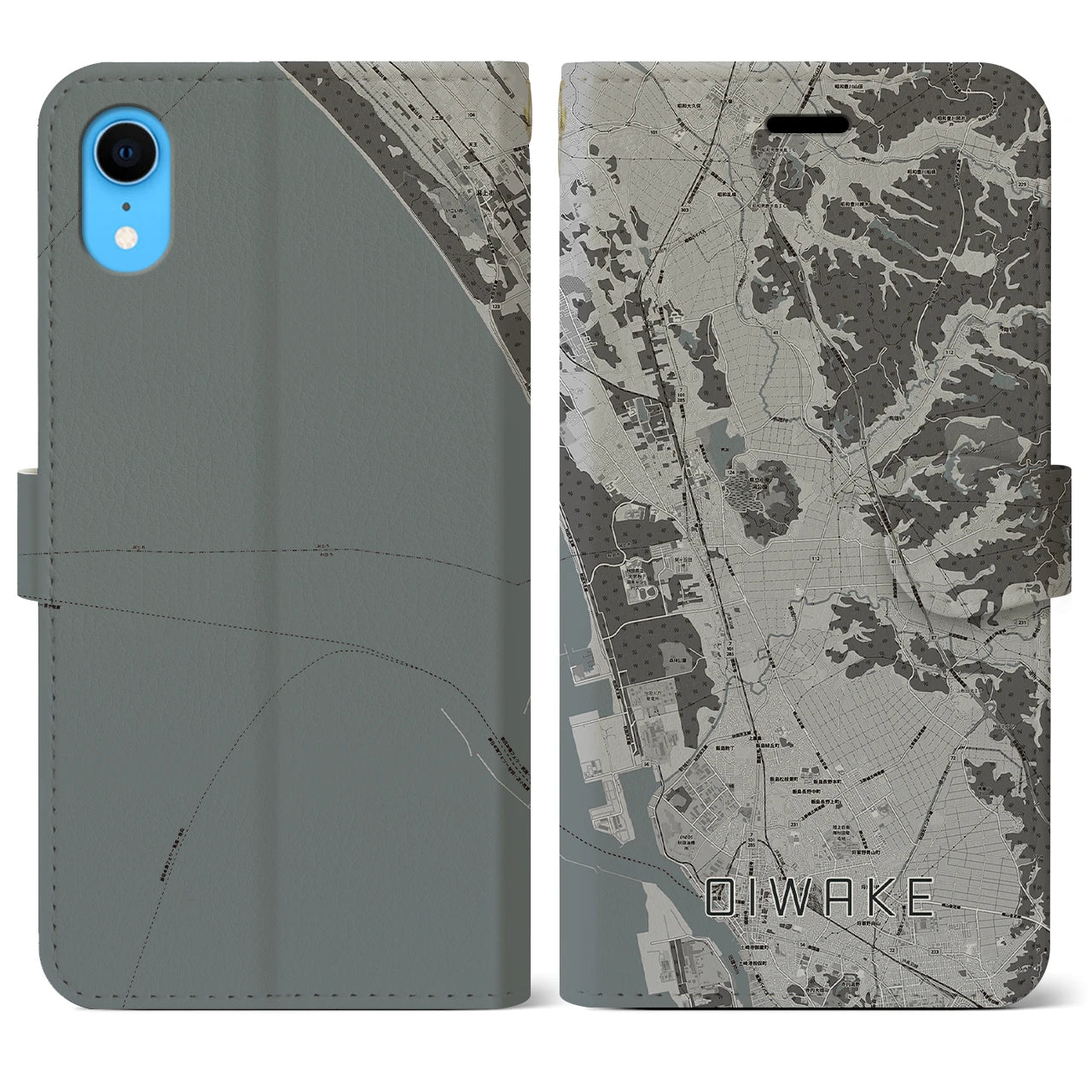 【追分(秋田県)】地図柄iPhoneケース(手帳タイプ)モノトーン・iPhone XR 用