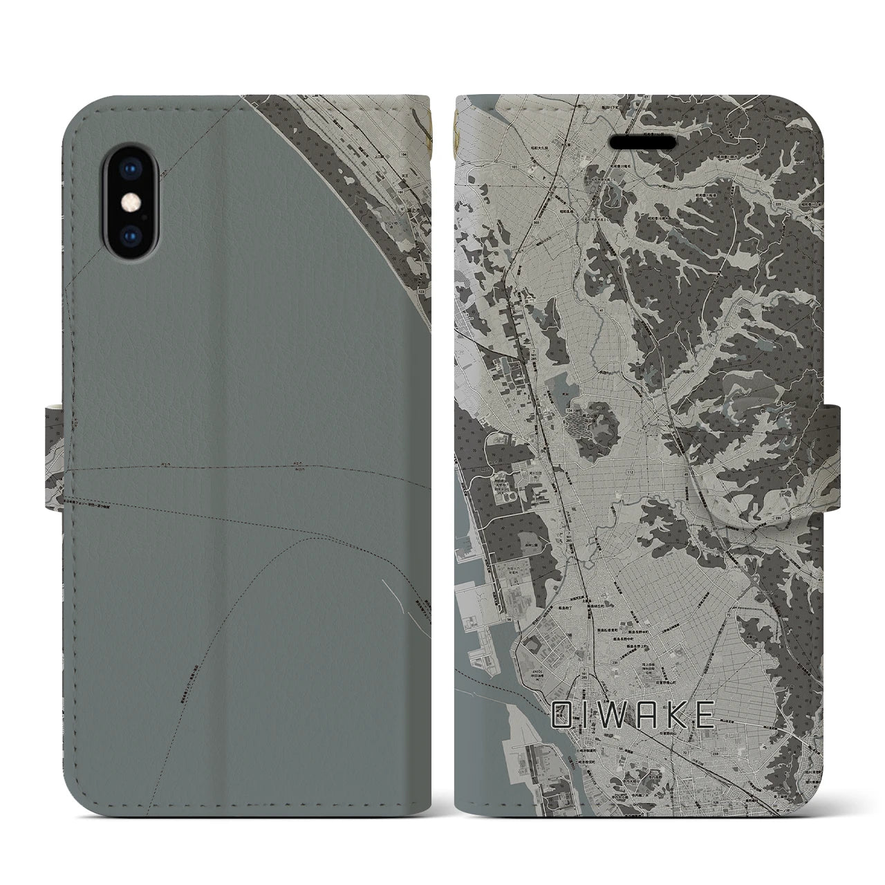 【追分(秋田県)】地図柄iPhoneケース(手帳タイプ)モノトーン・iPhone XS / X 用