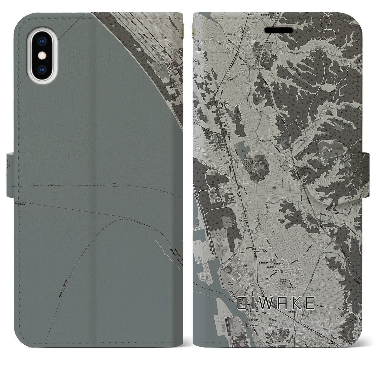 【追分(秋田県)】地図柄iPhoneケース(手帳タイプ)モノトーン・iPhone XS Max 用