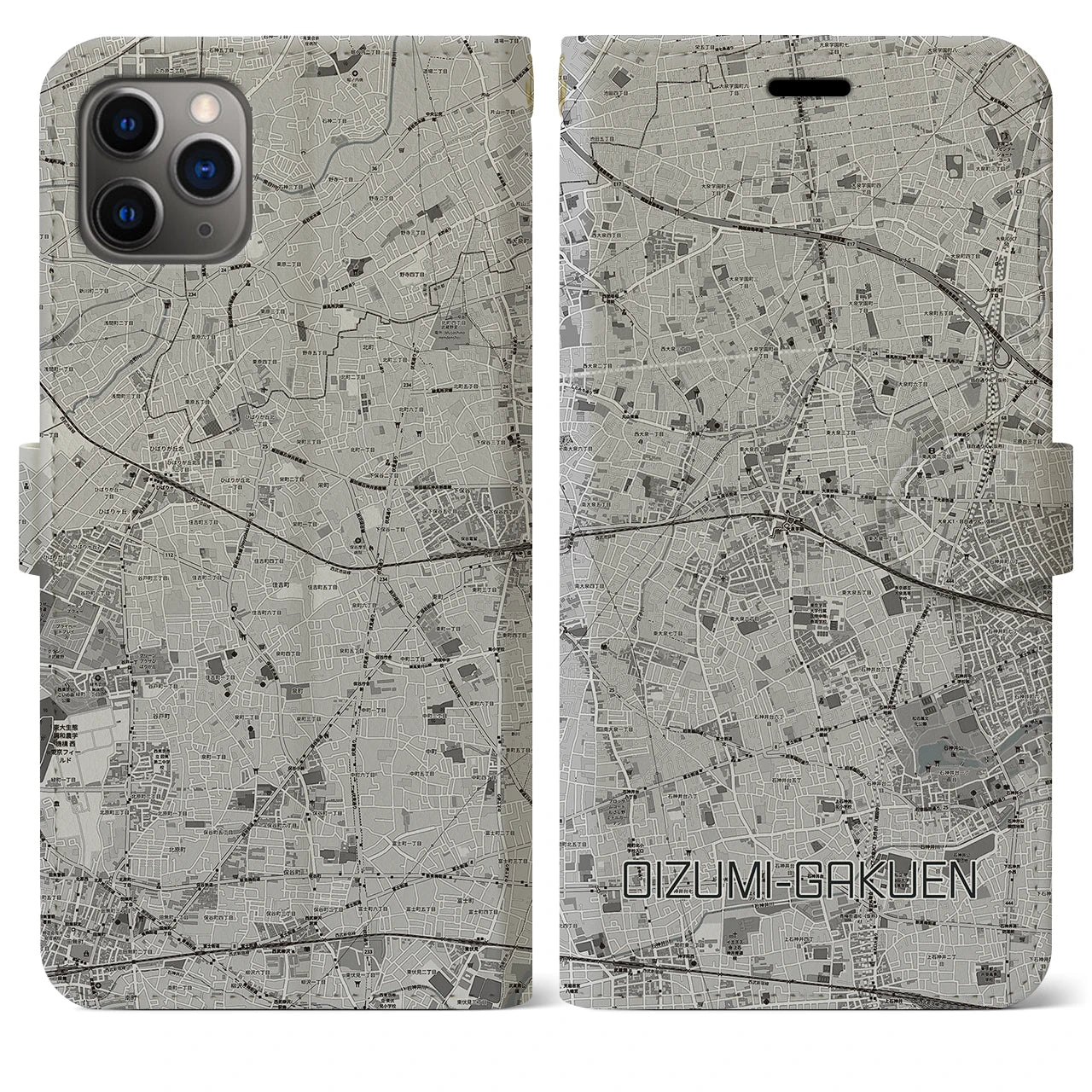 【大泉学園(東京都)】地図柄iPhoneケース(手帳タイプ)モノトーン・iPhone 11 Pro Max 用