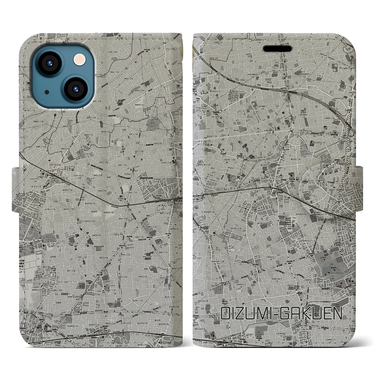 【大泉学園(東京都)】地図柄iPhoneケース(手帳タイプ)モノトーン・iPhone 13 用