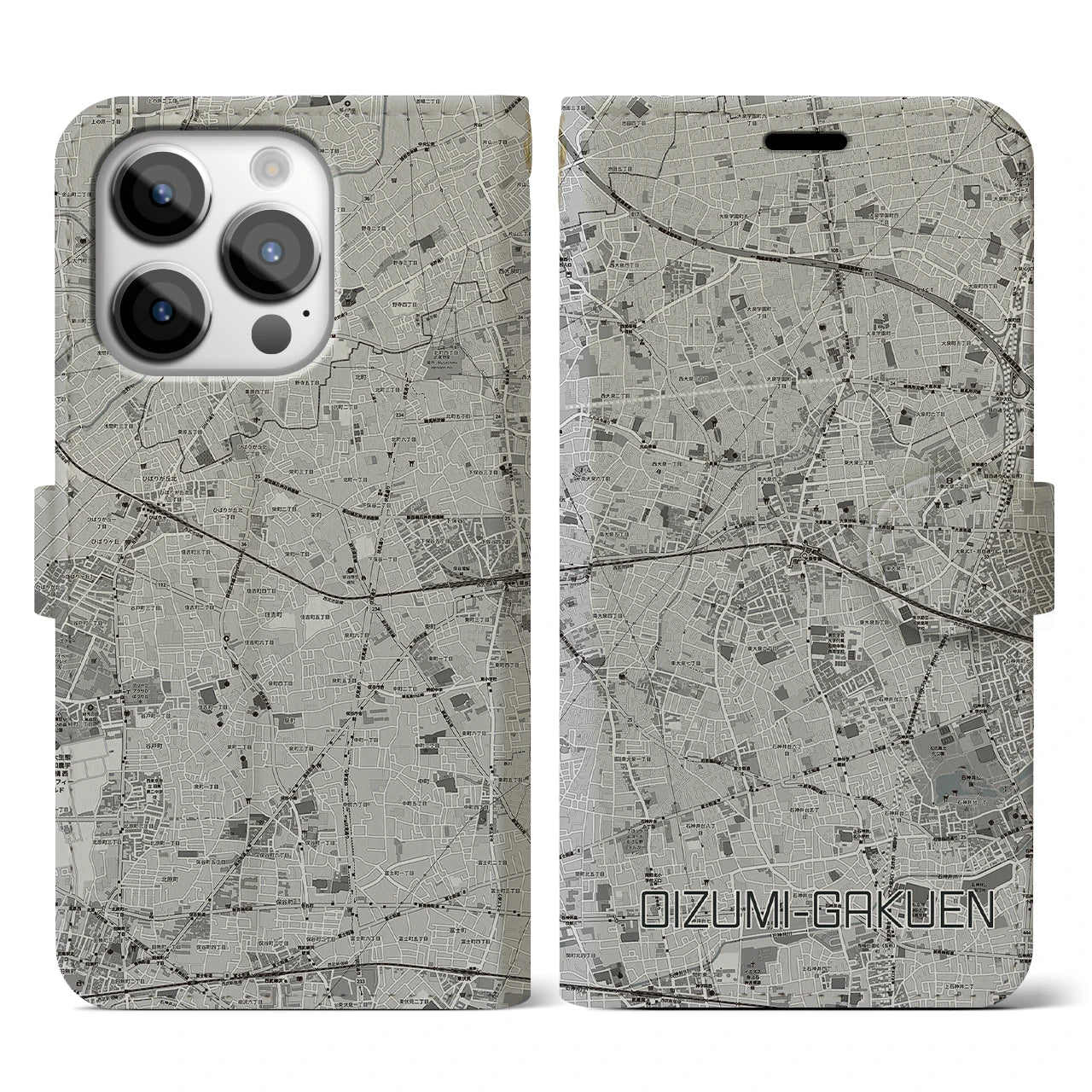 【大泉学園(東京都)】地図柄iPhoneケース(手帳タイプ)モノトーン・iPhone 14 Pro 用
