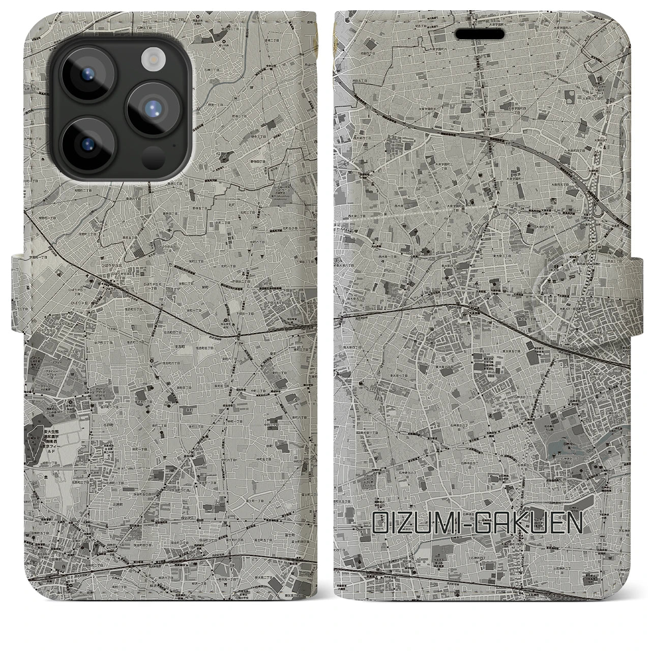 【大泉学園(東京都)】地図柄iPhoneケース(手帳タイプ)モノトーン・iPhone 15 Pro Max 用