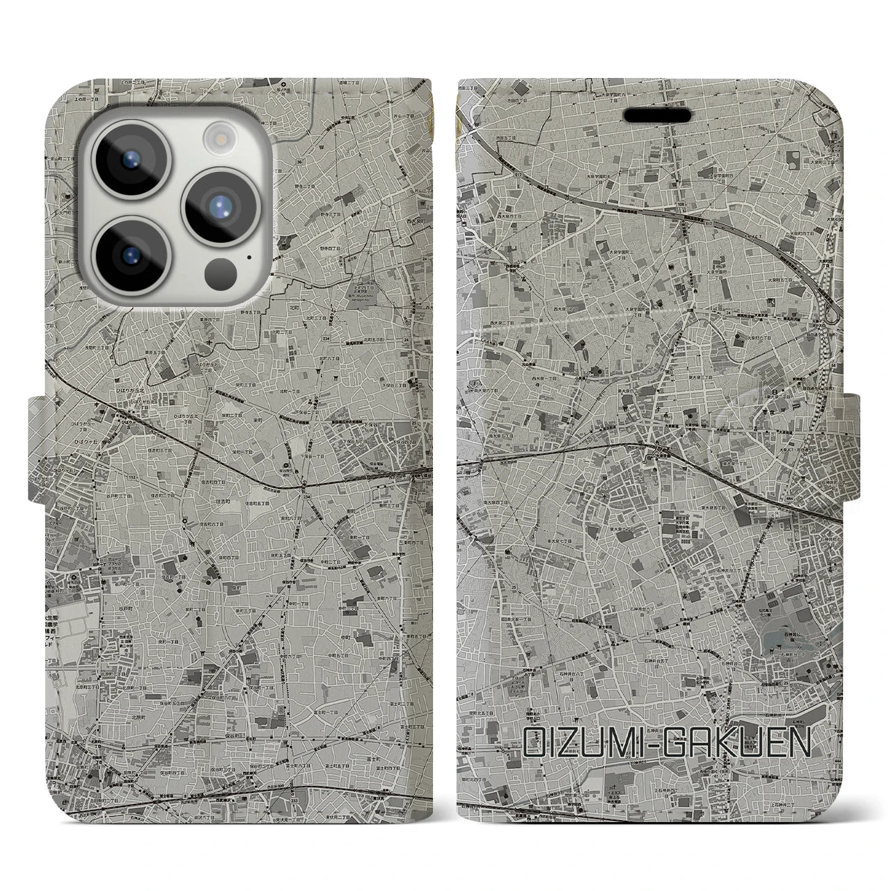 【大泉学園(東京都)】地図柄iPhoneケース(手帳タイプ)モノトーン・iPhone 15 Pro 用