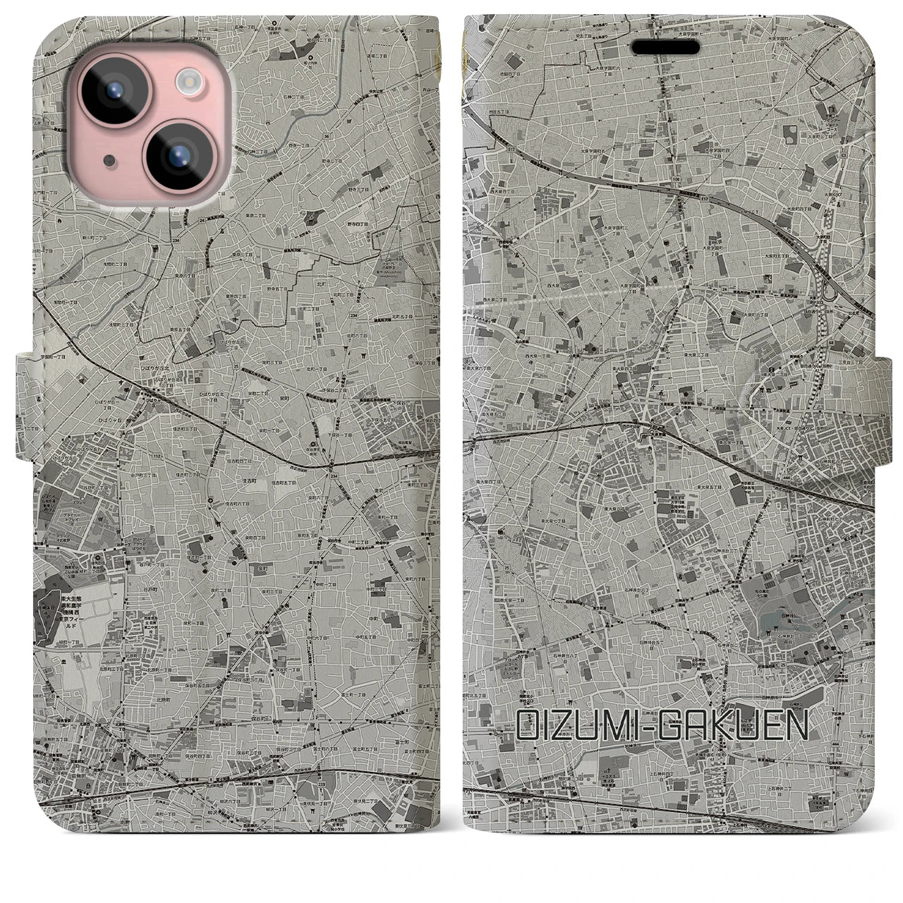 【大泉学園(東京都)】地図柄iPhoneケース(手帳タイプ)モノトーン・iPhone 15 Plus 用