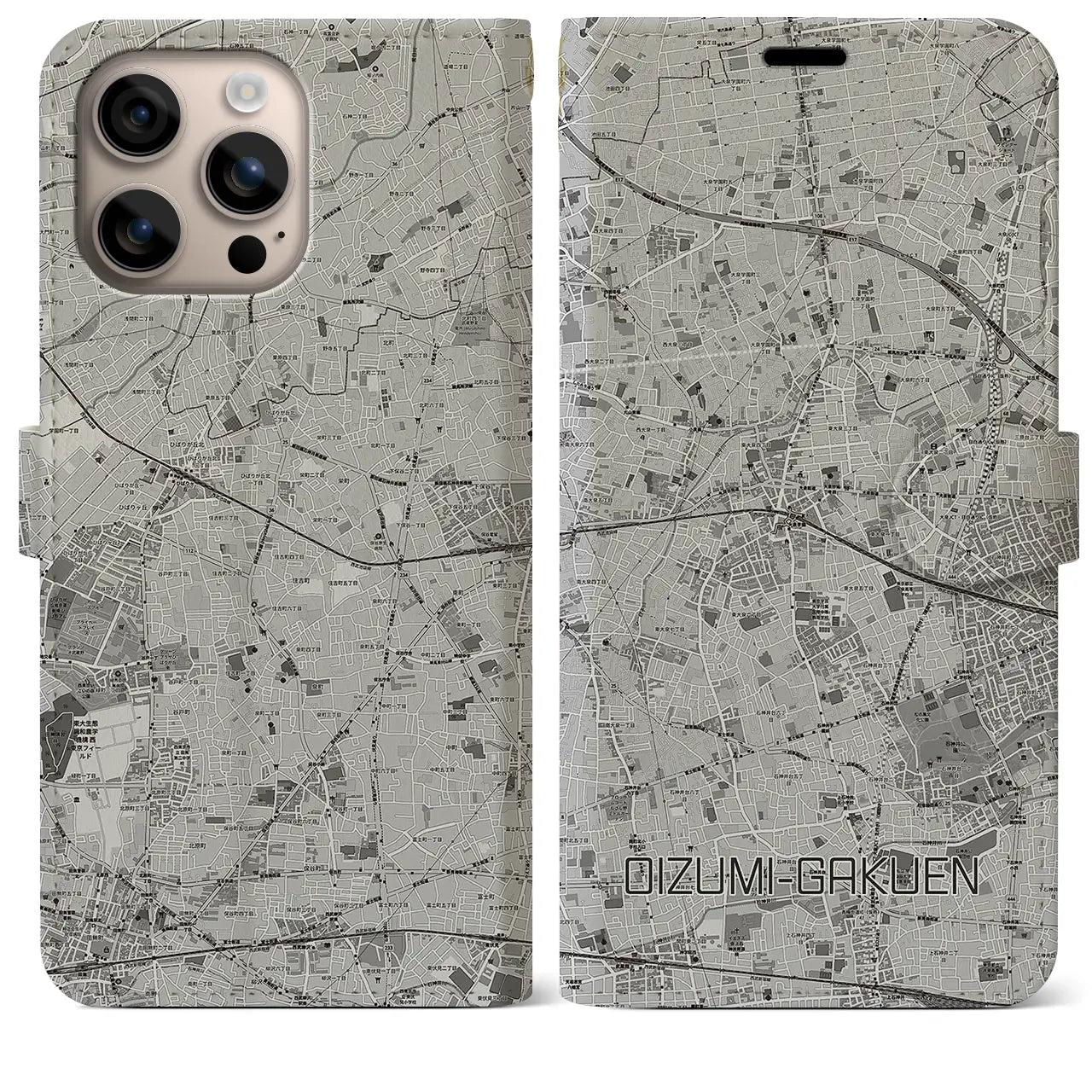 【大泉学園(東京都)】地図柄iPhoneケース(手帳タイプ)モノトーン・iPhone 16 Plus 用