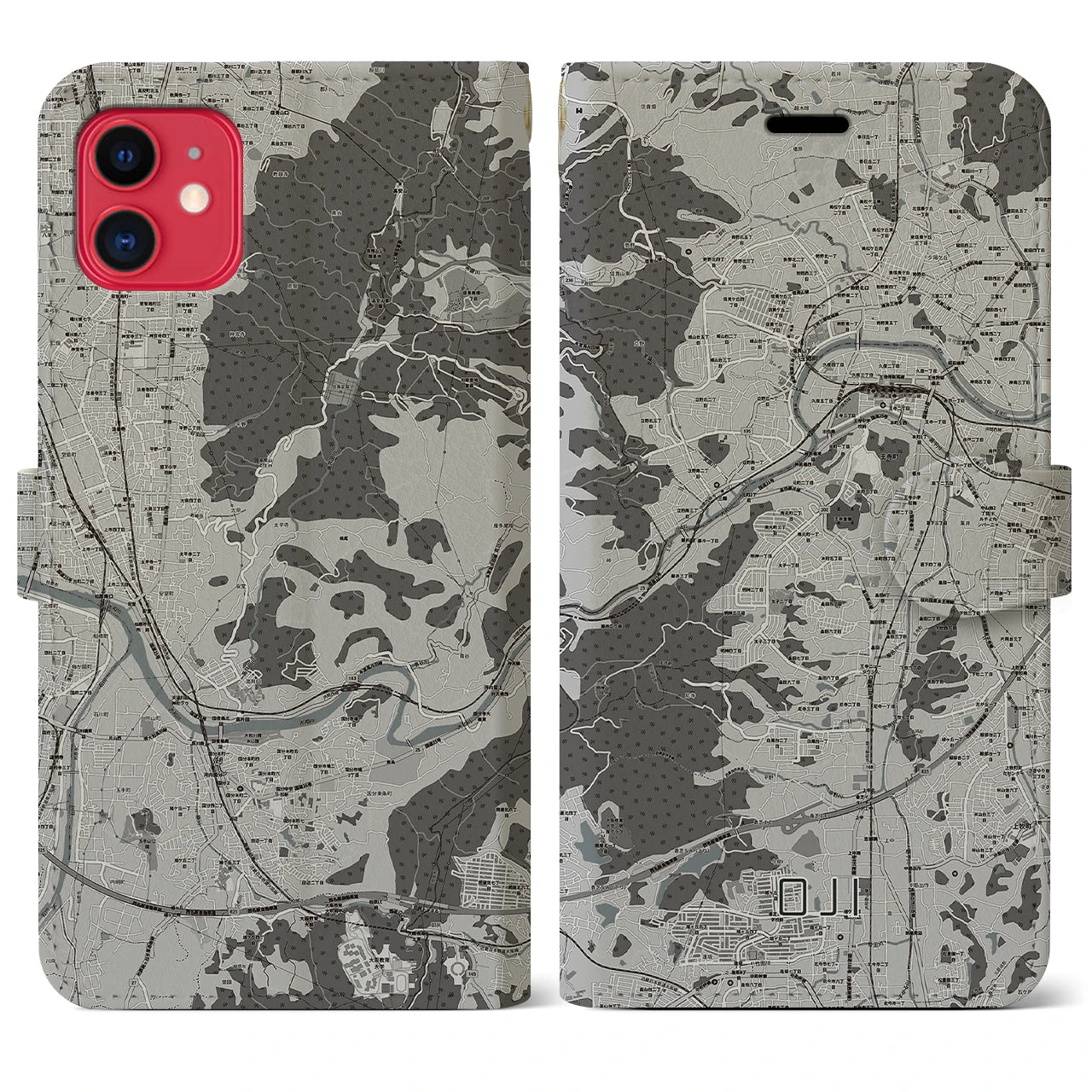 【王寺(奈良県)】地図柄iPhoneケース(手帳タイプ)モノトーン・iPhone 11 用