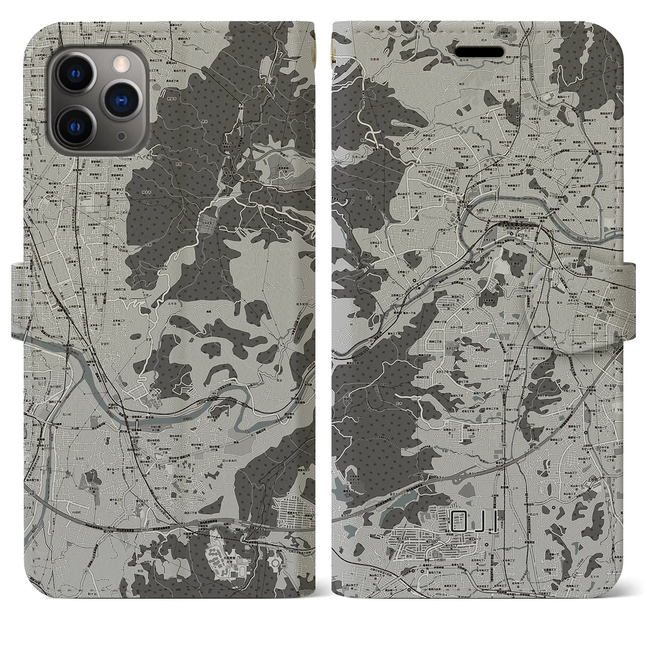 【王寺(奈良県)】地図柄iPhoneケース(手帳タイプ)モノトーン・iPhone 11 Pro Max 用