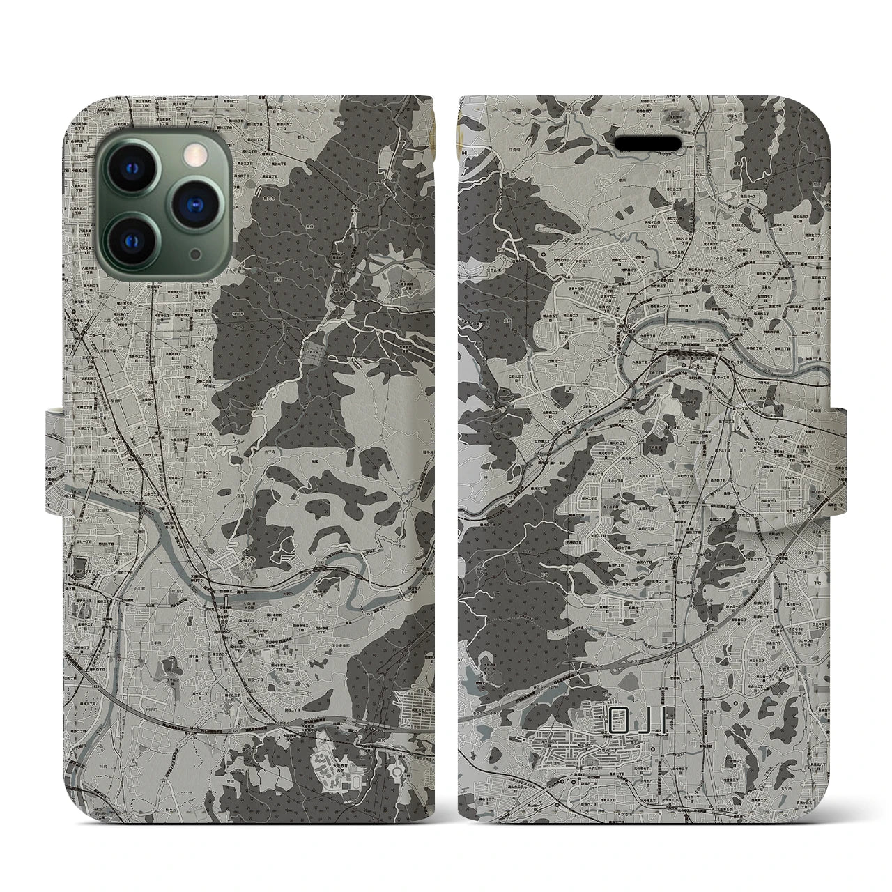 【王寺(奈良県)】地図柄iPhoneケース(手帳タイプ)モノトーン・iPhone 11 Pro 用