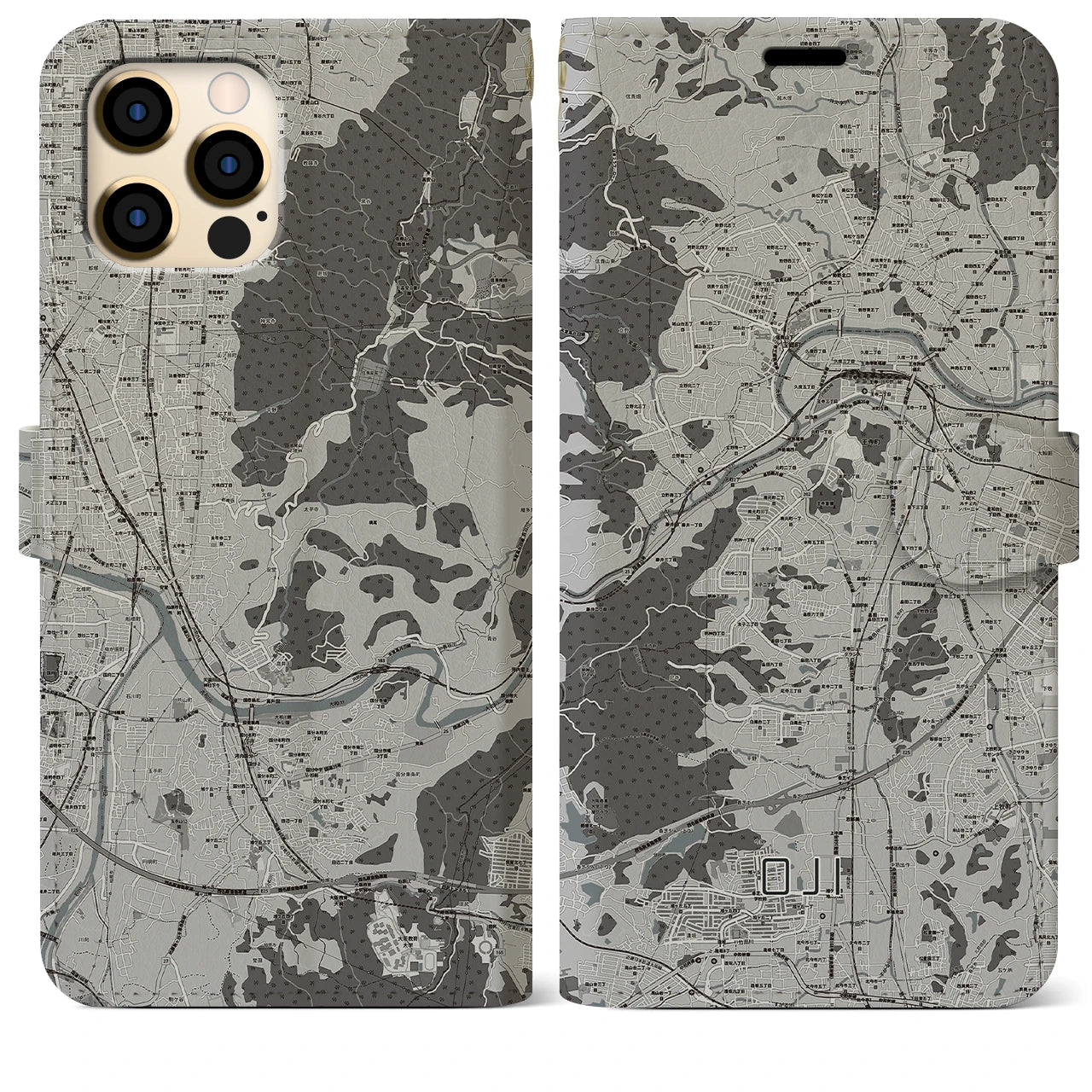 【王寺(奈良県)】地図柄iPhoneケース(手帳タイプ)モノトーン・iPhone 12 Pro Max 用