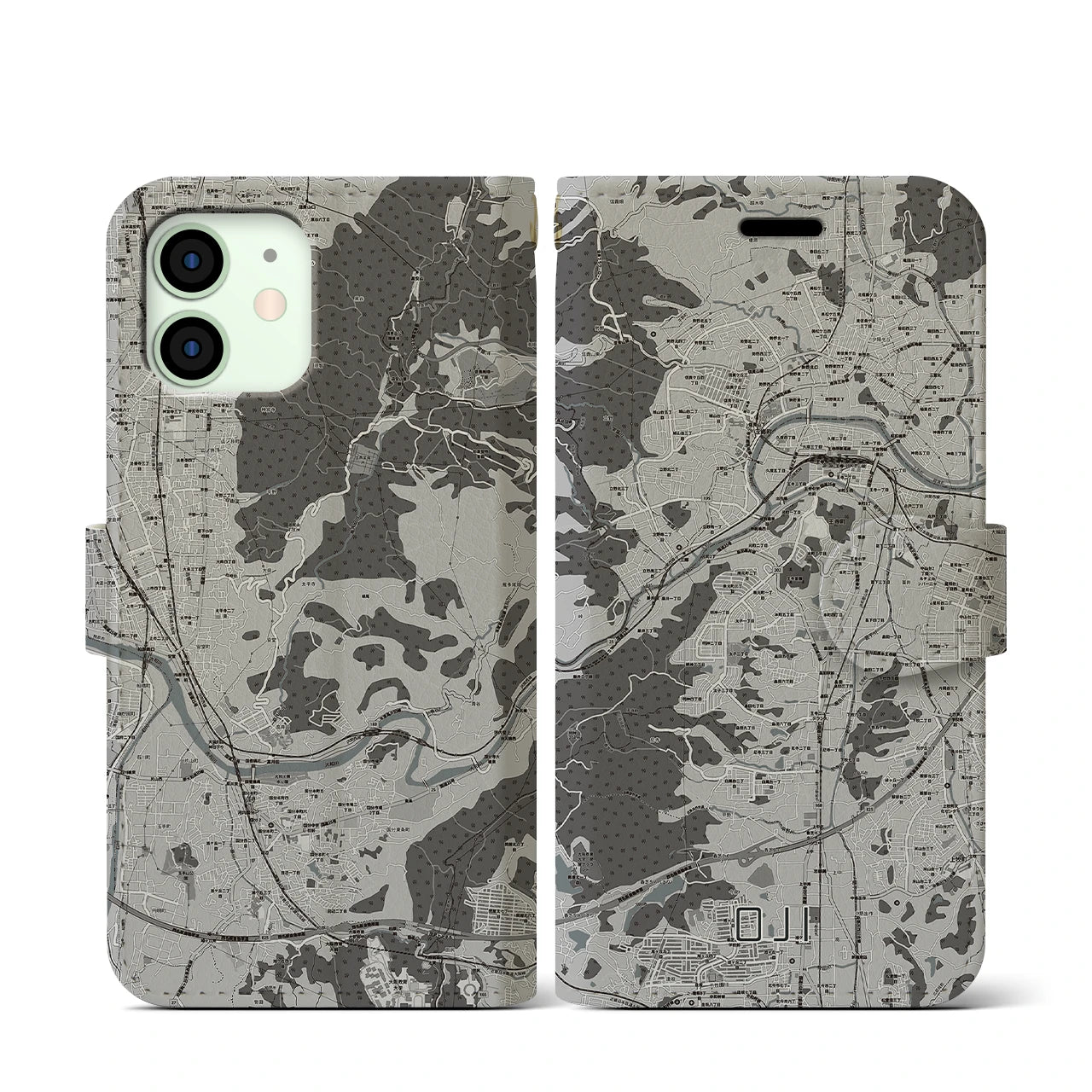 【王寺(奈良県)】地図柄iPhoneケース(手帳タイプ)モノトーン・iPhone 12 mini 用