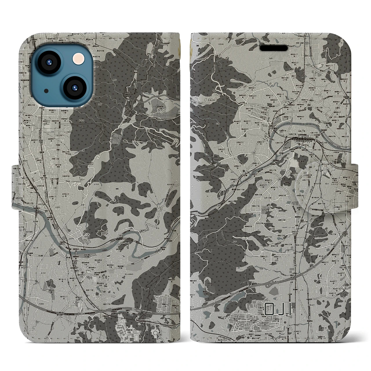 【王寺(奈良県)】地図柄iPhoneケース(手帳タイプ)モノトーン・iPhone 13 用