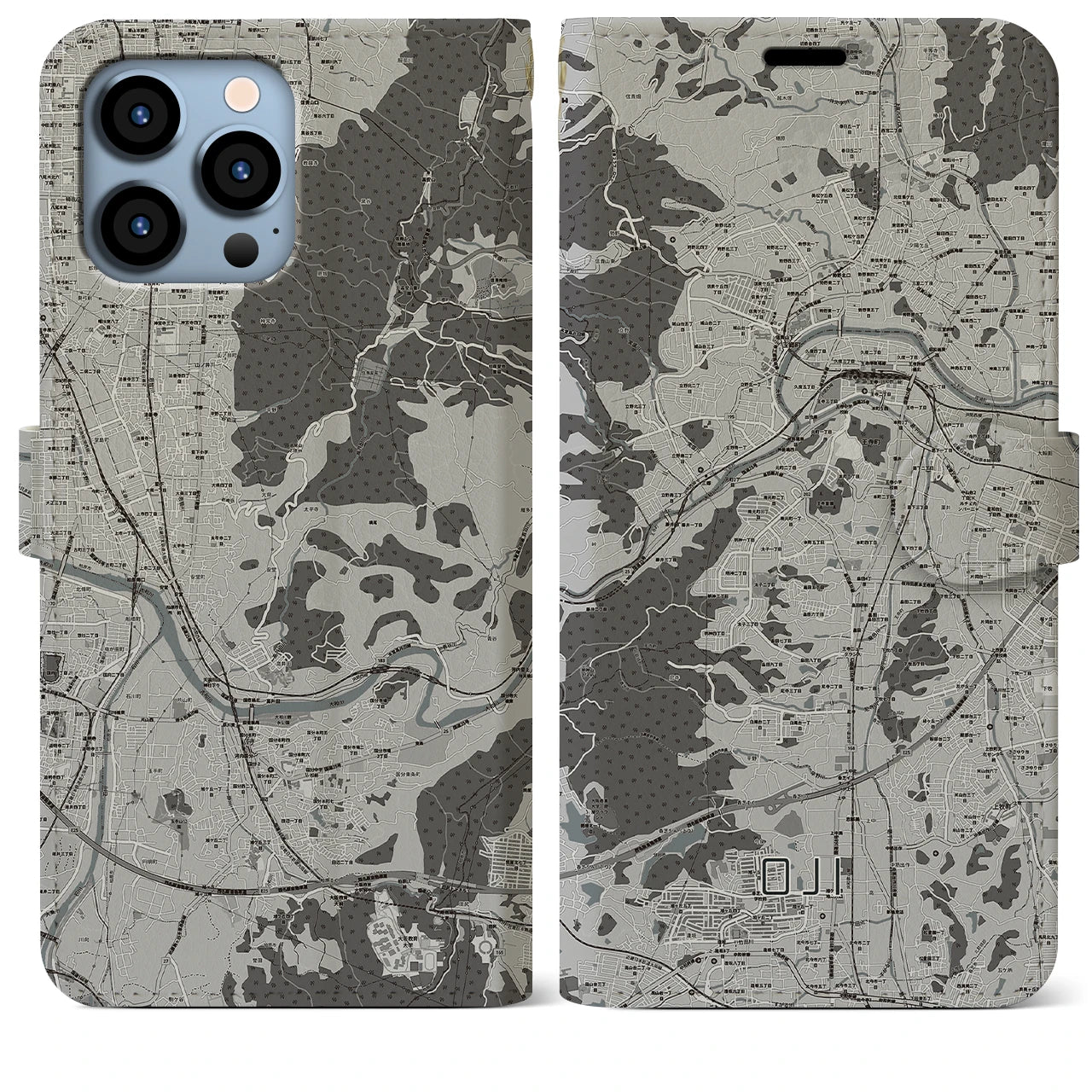 【王寺(奈良県)】地図柄iPhoneケース(手帳タイプ)モノトーン・iPhone 13 Pro Max 用