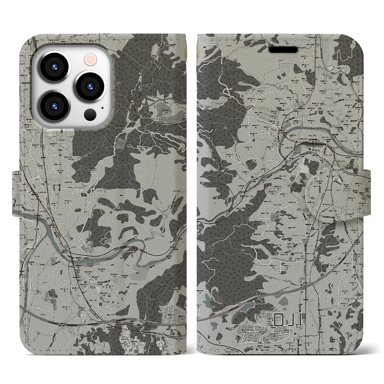 【王寺(奈良県)】地図柄iPhoneケース(手帳タイプ)モノトーン・iPhone 13 Pro 用