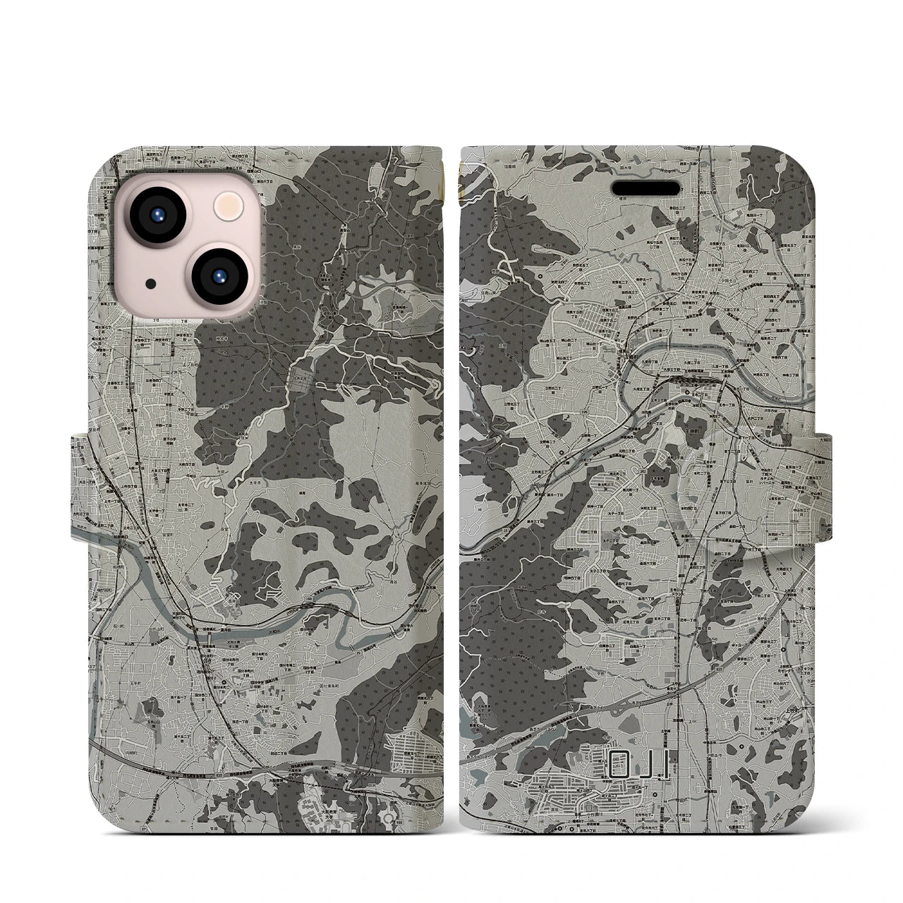 【王寺(奈良県)】地図柄iPhoneケース(手帳タイプ)モノトーン・iPhone 13 mini 用