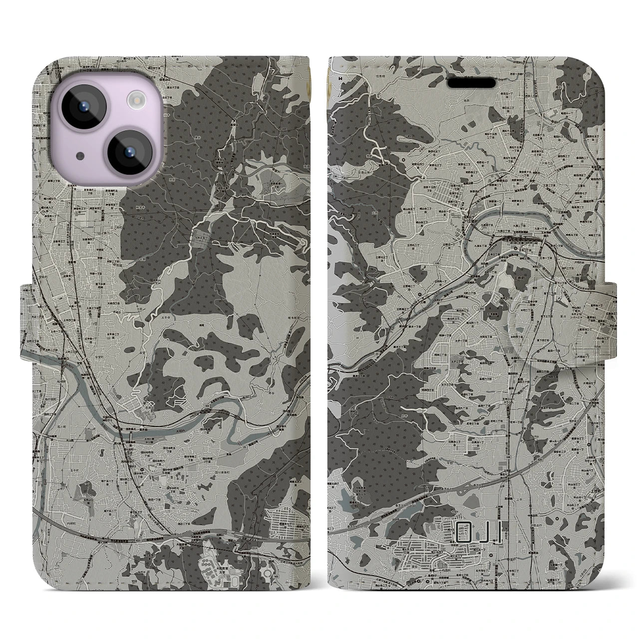 【王寺(奈良県)】地図柄iPhoneケース(手帳タイプ)モノトーン・iPhone 14 用