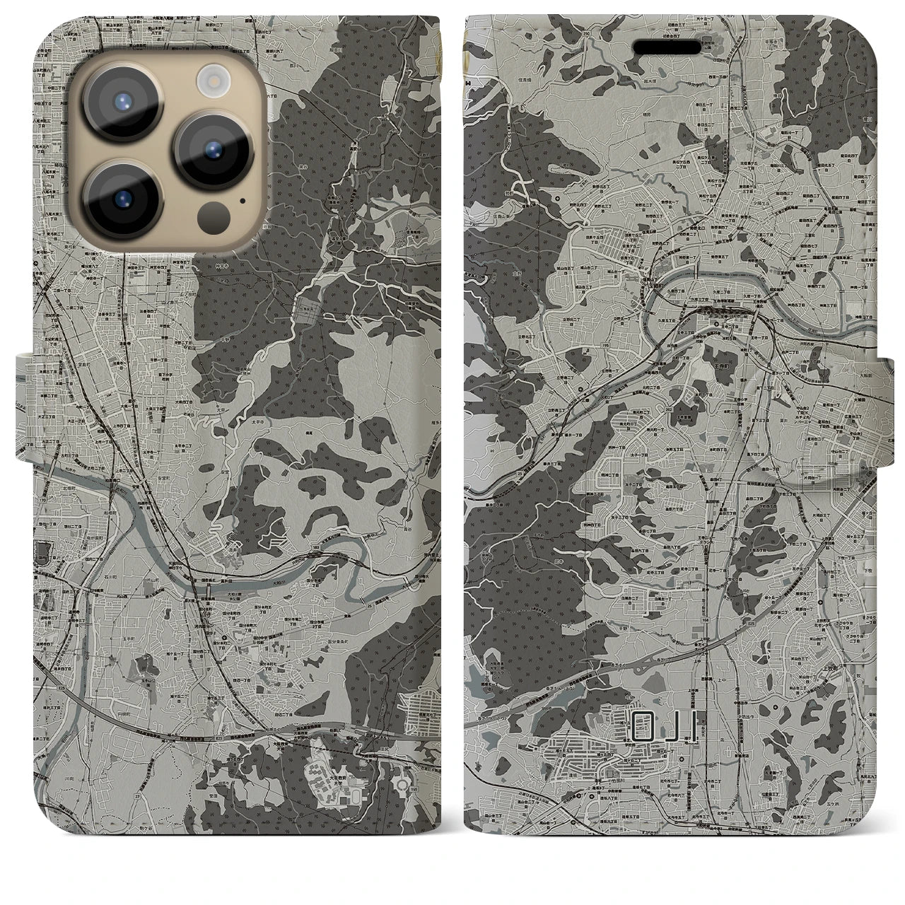 【王寺(奈良県)】地図柄iPhoneケース(手帳タイプ)モノトーン・iPhone 14 Pro Max 用