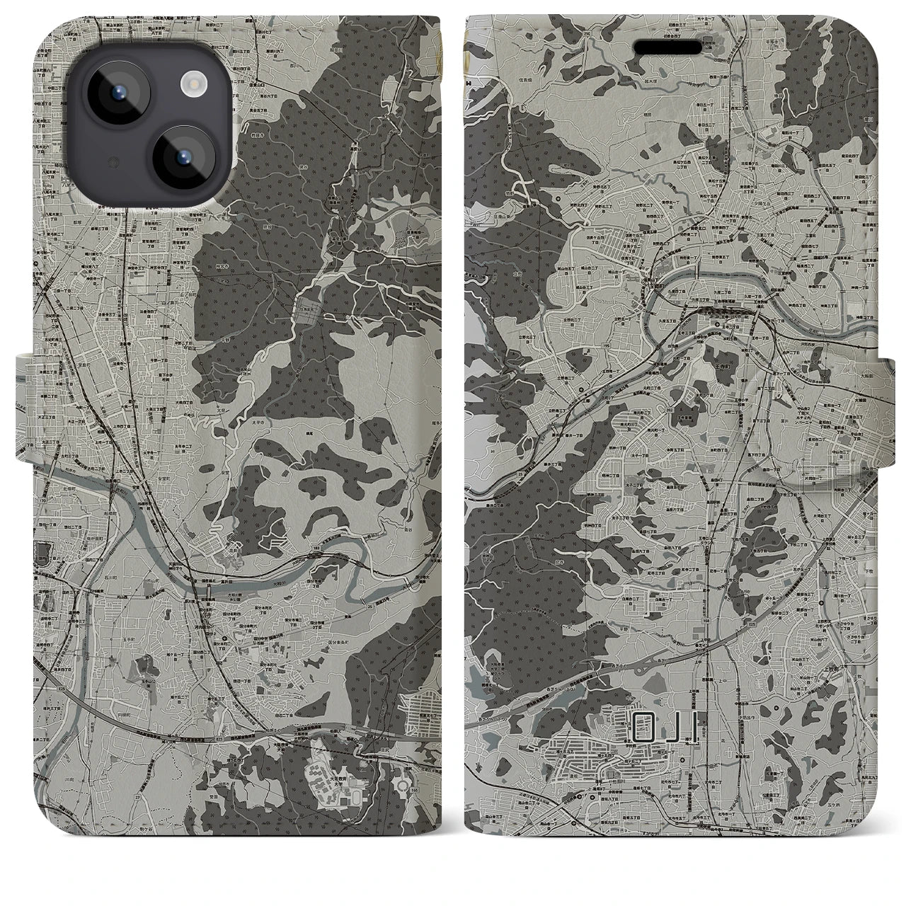 【王寺(奈良県)】地図柄iPhoneケース(手帳タイプ)モノトーン・iPhone 14 Plus 用