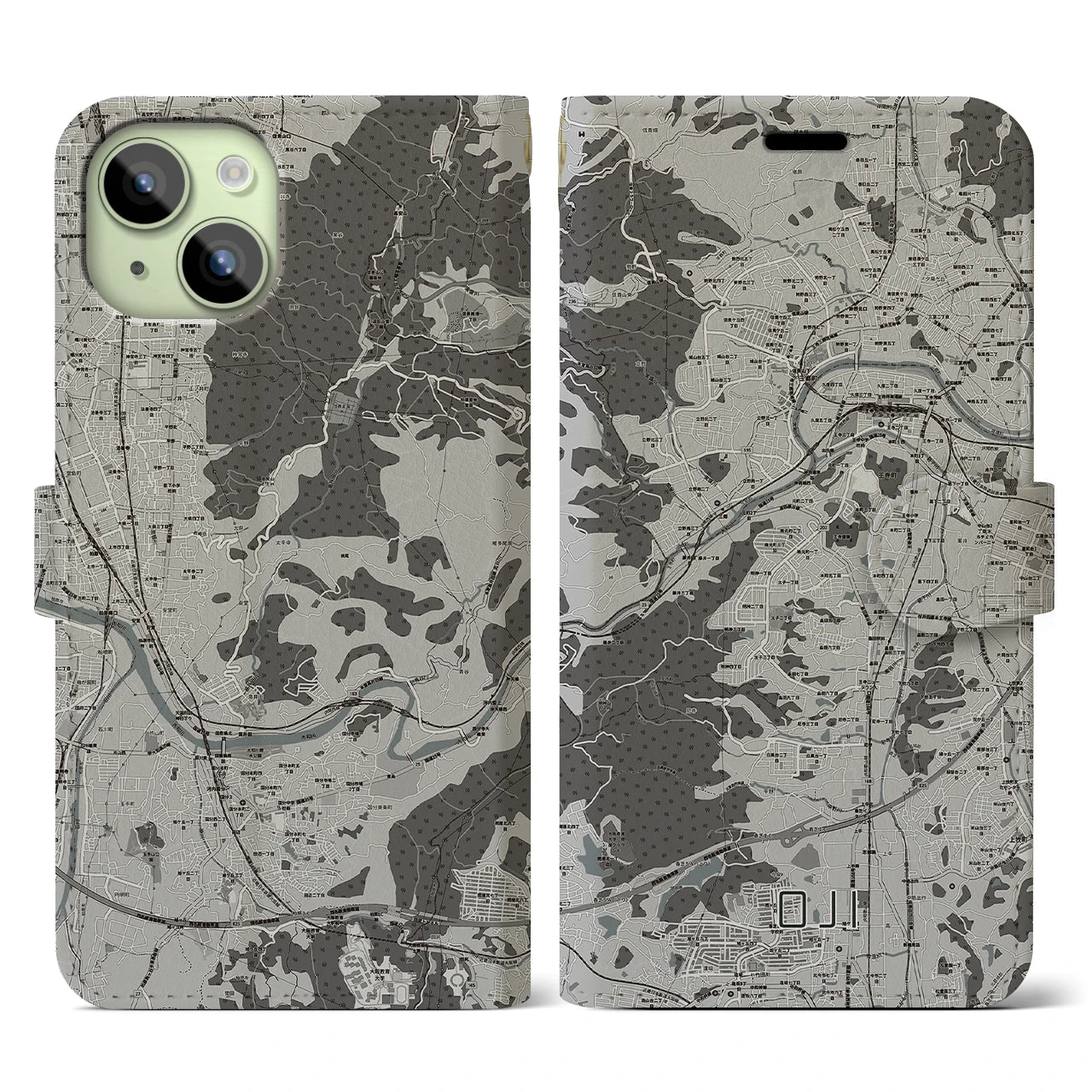 【王寺(奈良県)】地図柄iPhoneケース(手帳タイプ)モノトーン・iPhone 15 用