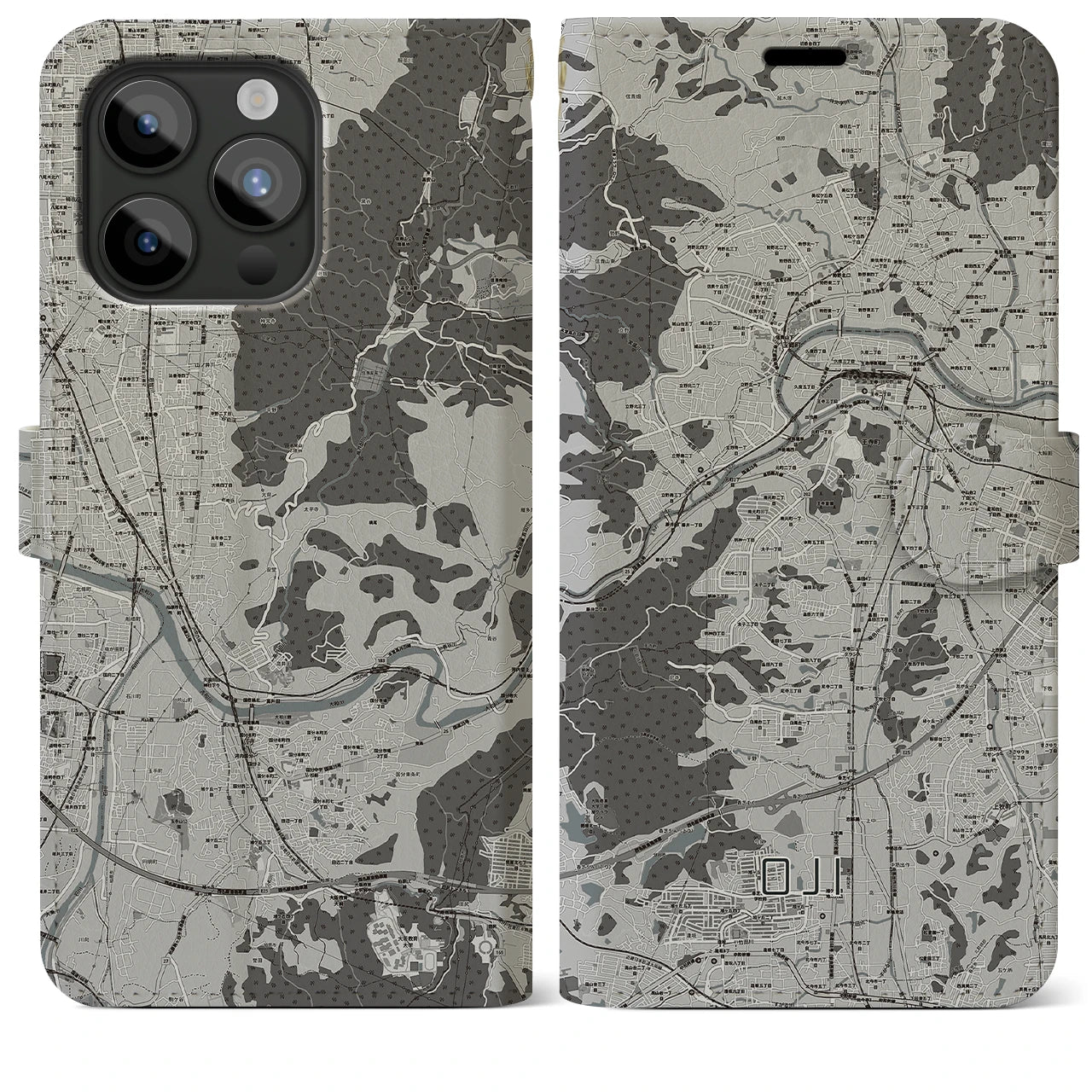 【王寺(奈良県)】地図柄iPhoneケース(手帳タイプ)モノトーン・iPhone 15 Pro Max 用