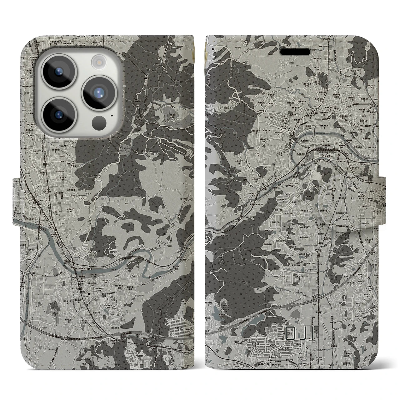 【王寺(奈良県)】地図柄iPhoneケース(手帳タイプ)モノトーン・iPhone 15 Pro 用