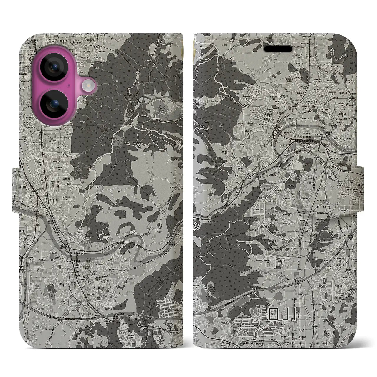 【王寺(奈良県)】地図柄iPhoneケース(手帳タイプ)モノトーン・iPhone 16 Pro 用