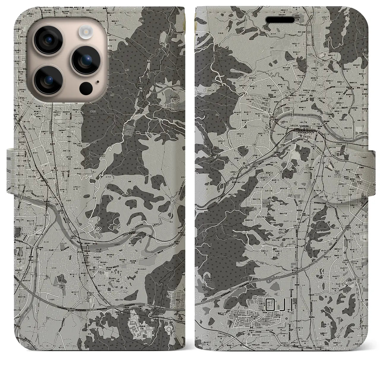 【王寺(奈良県)】地図柄iPhoneケース(手帳タイプ)モノトーン・iPhone 16 Plus 用