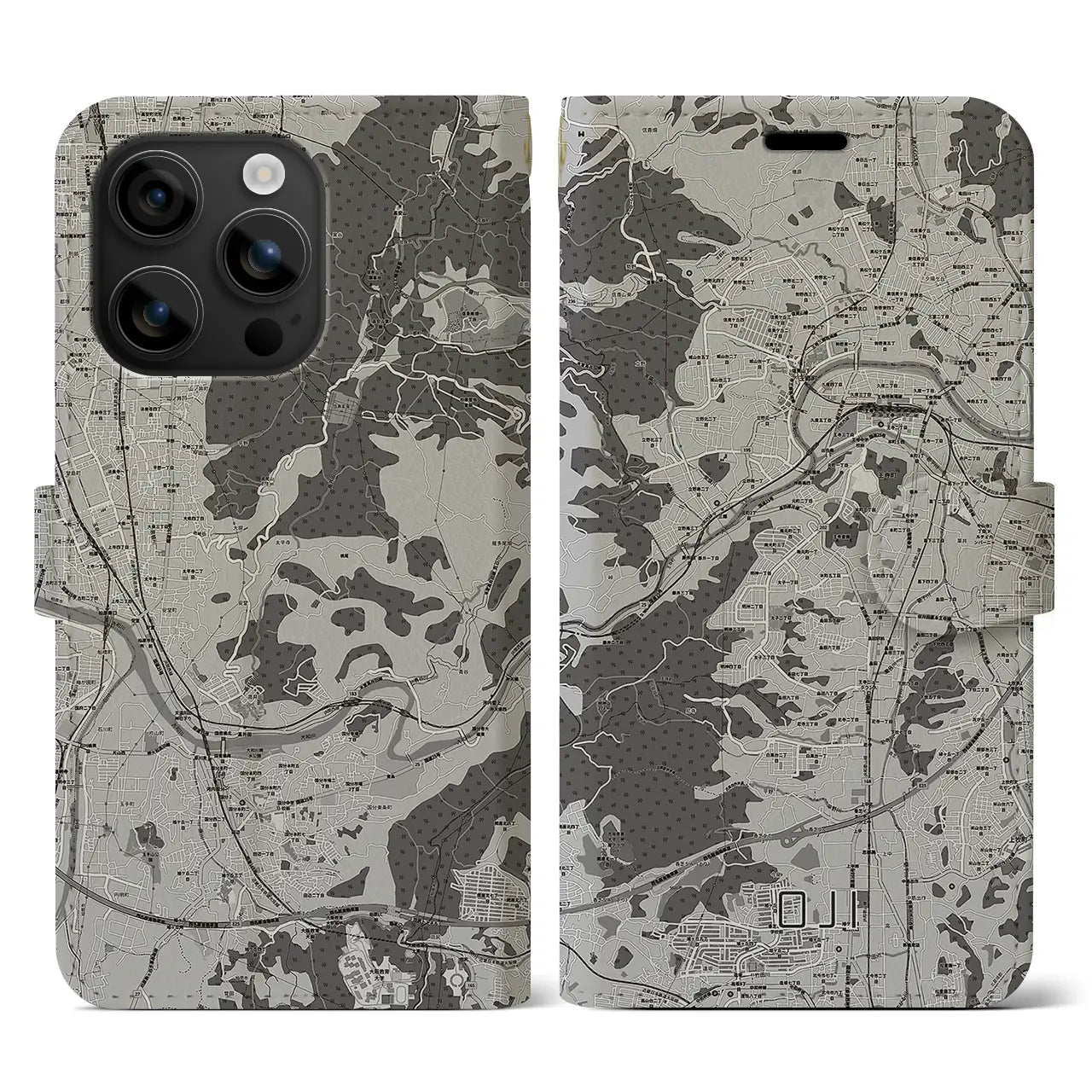 【王寺(奈良県)】地図柄iPhoneケース(手帳タイプ)モノトーン・iPhone 16 用