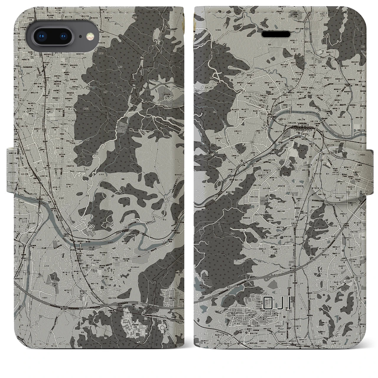 【王寺(奈良県)】地図柄iPhoneケース(手帳タイプ)モノトーン・iPhone 8Plus /7Plus / 6sPlus / 6Plus 用