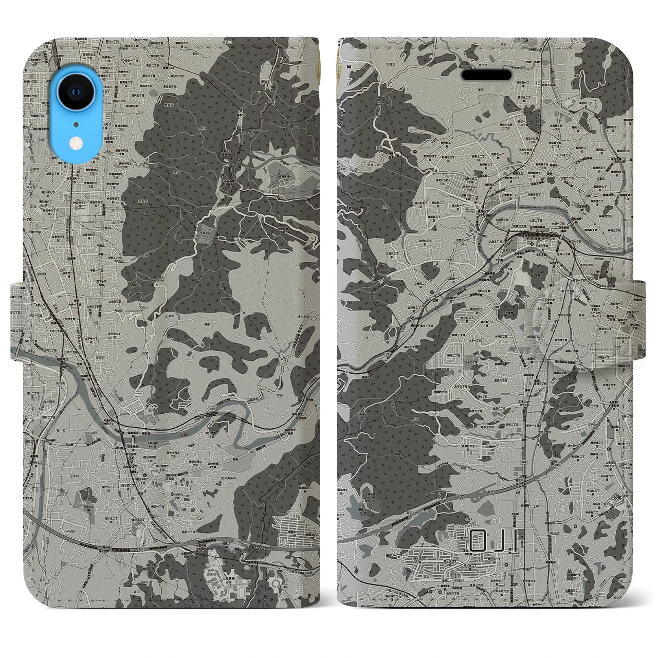 【王寺(奈良県)】地図柄iPhoneケース(手帳タイプ)モノトーン・iPhone XR 用