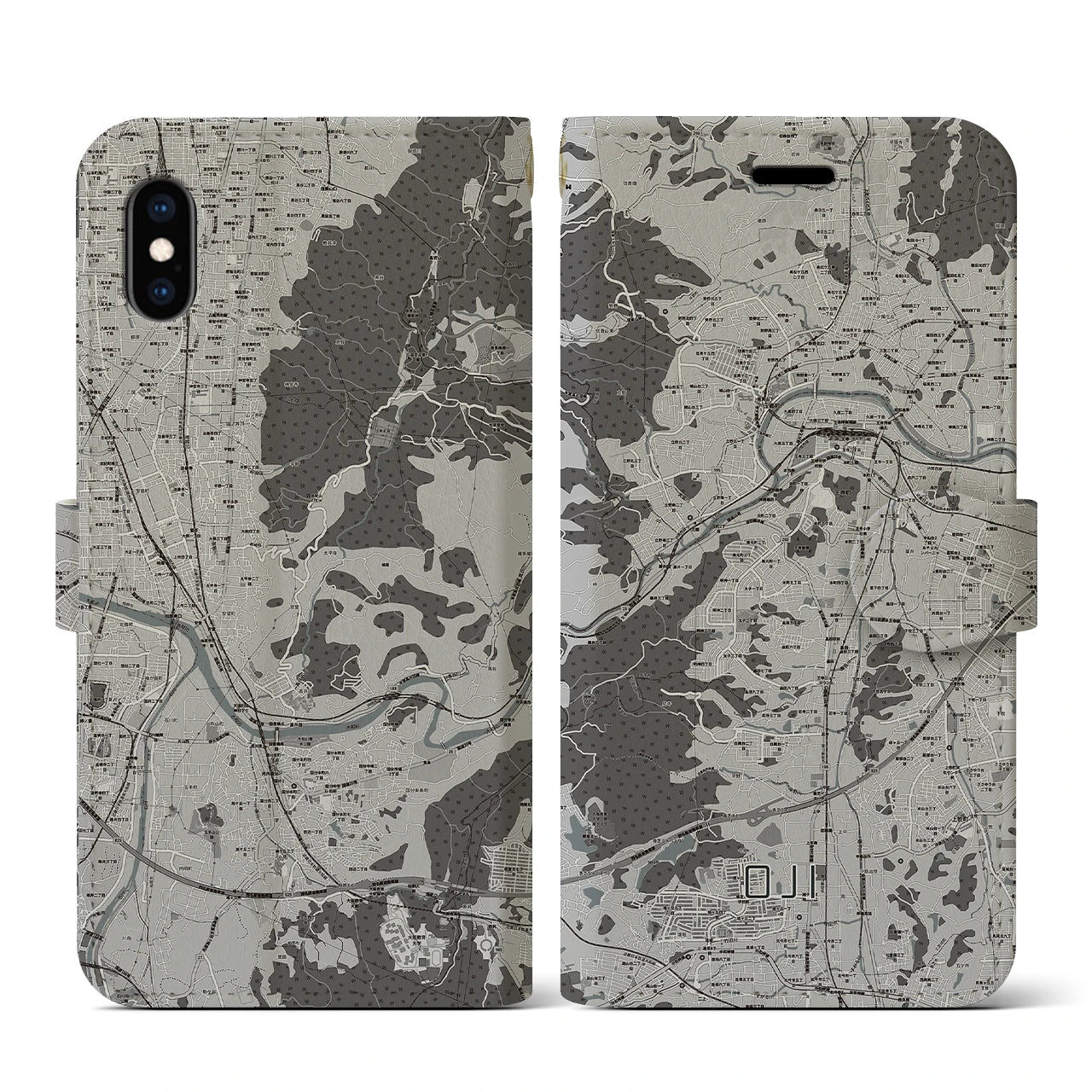 【王寺(奈良県)】地図柄iPhoneケース(手帳タイプ)モノトーン・iPhone XS / X 用