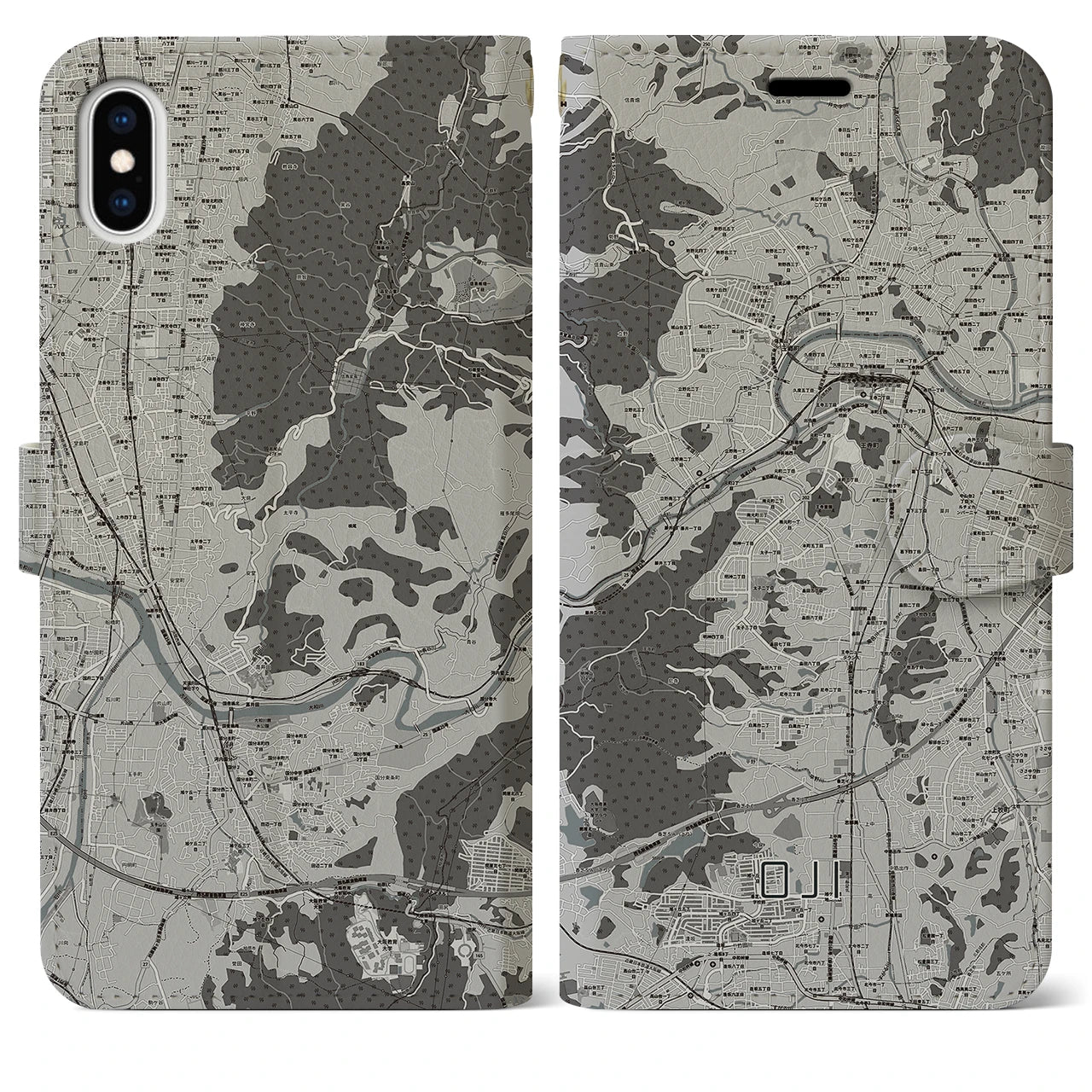 【王寺(奈良県)】地図柄iPhoneケース(手帳タイプ)モノトーン・iPhone XS Max 用