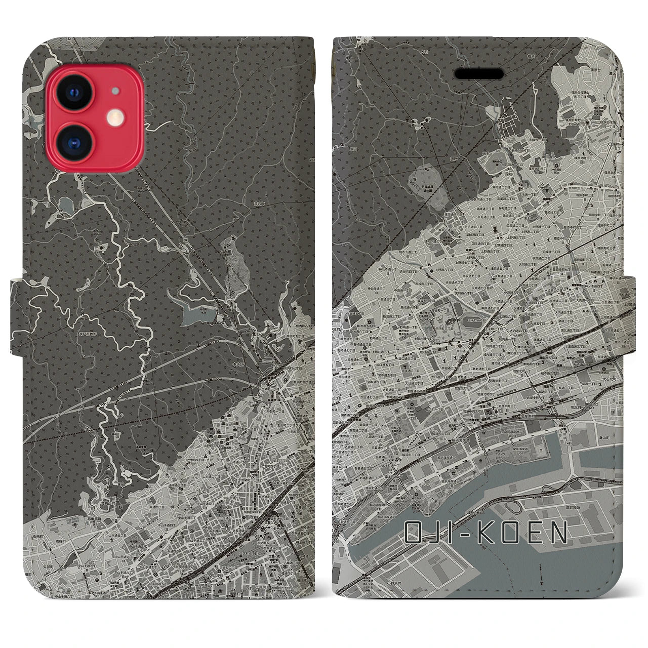 【王子公園(兵庫県)】地図柄iPhoneケース(手帳タイプ)モノトーン・iPhone 11 用