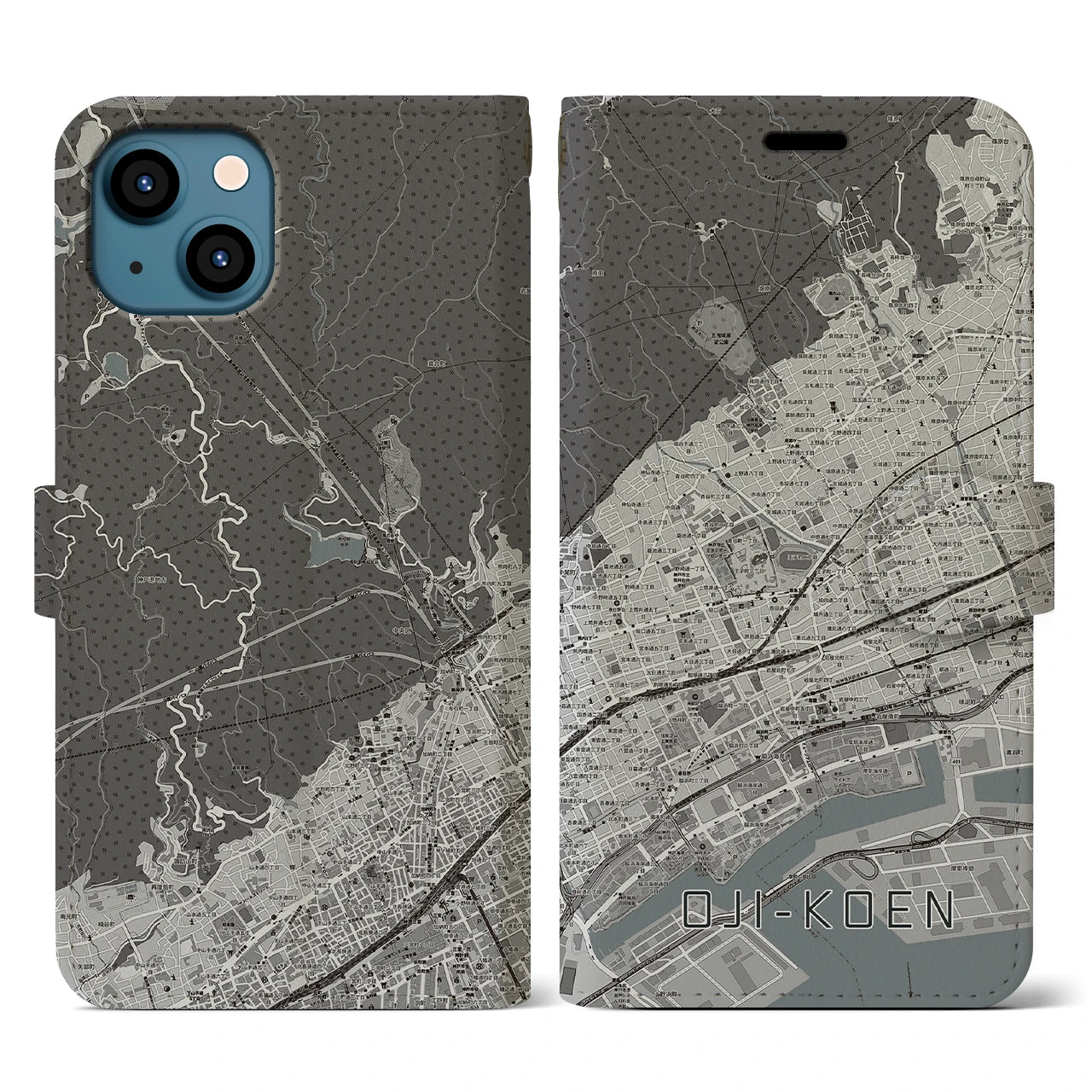 【王子公園(兵庫県)】地図柄iPhoneケース(手帳タイプ)モノトーン・iPhone 13 用