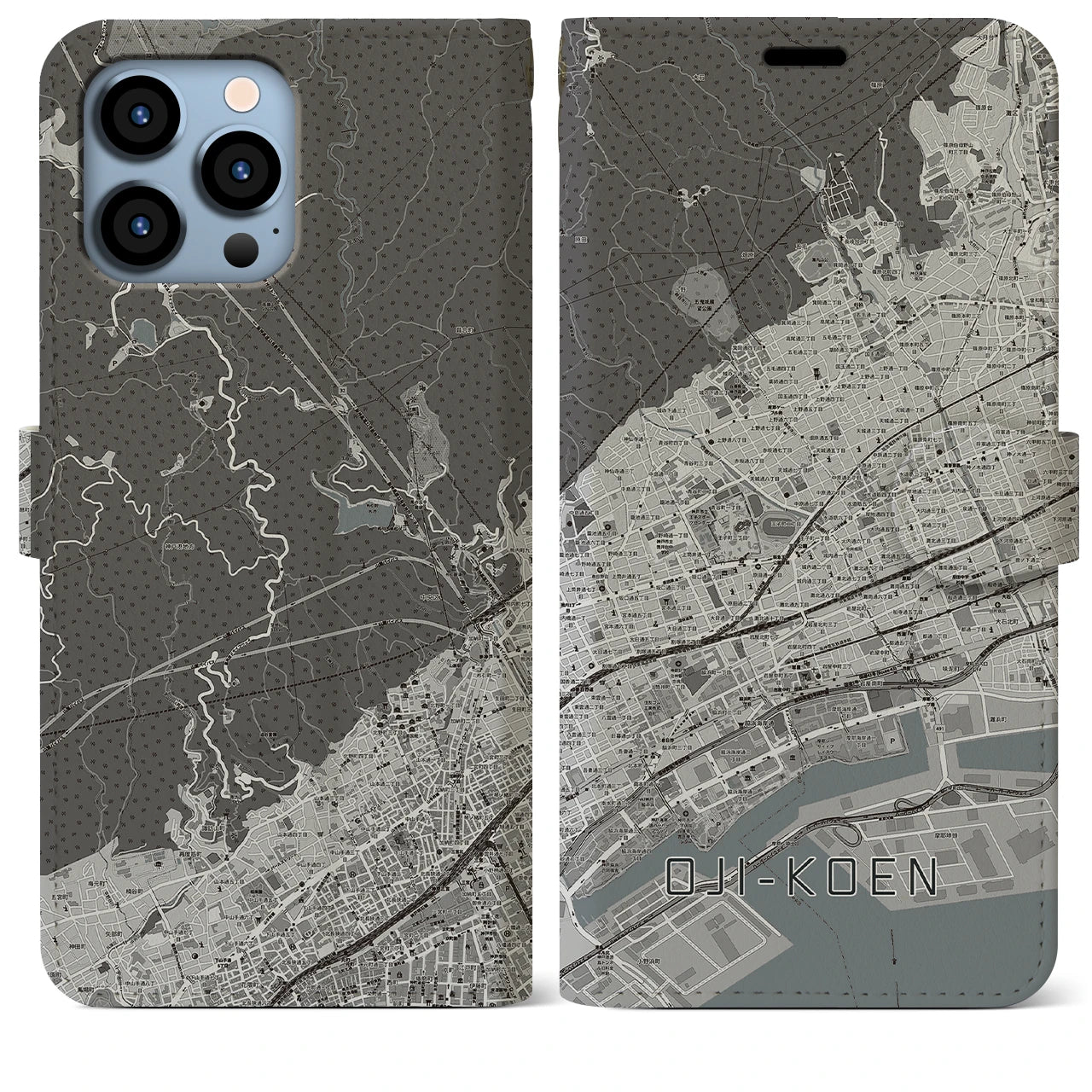 【王子公園(兵庫県)】地図柄iPhoneケース(手帳タイプ)モノトーン・iPhone 13 Pro Max 用
