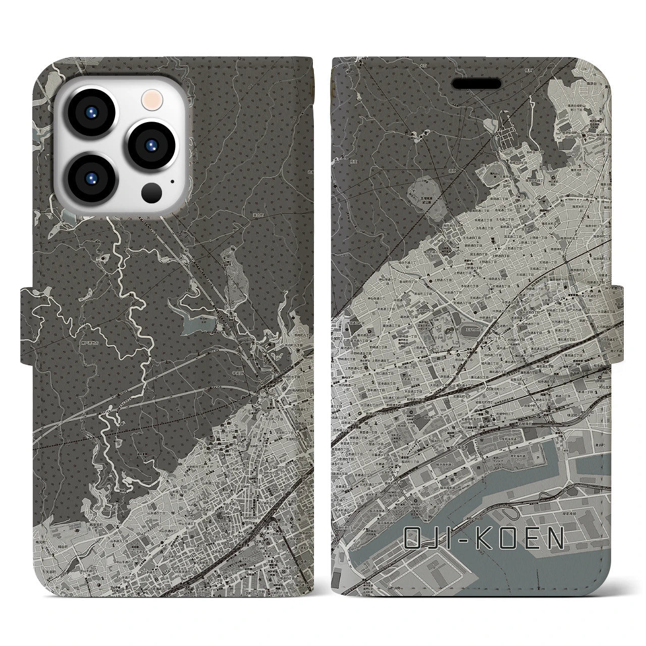 【王子公園(兵庫県)】地図柄iPhoneケース(手帳タイプ)モノトーン・iPhone 13 Pro 用