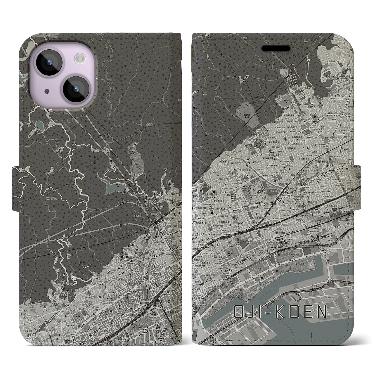 【王子公園(兵庫県)】地図柄iPhoneケース(手帳タイプ)モノトーン・iPhone 14 用