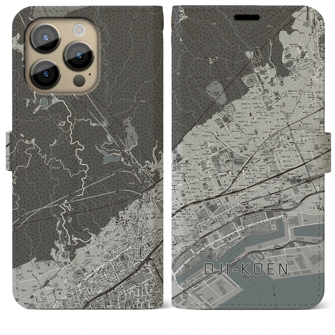 【王子公園(兵庫県)】地図柄iPhoneケース(手帳タイプ)モノトーン・iPhone 14 Pro Max 用