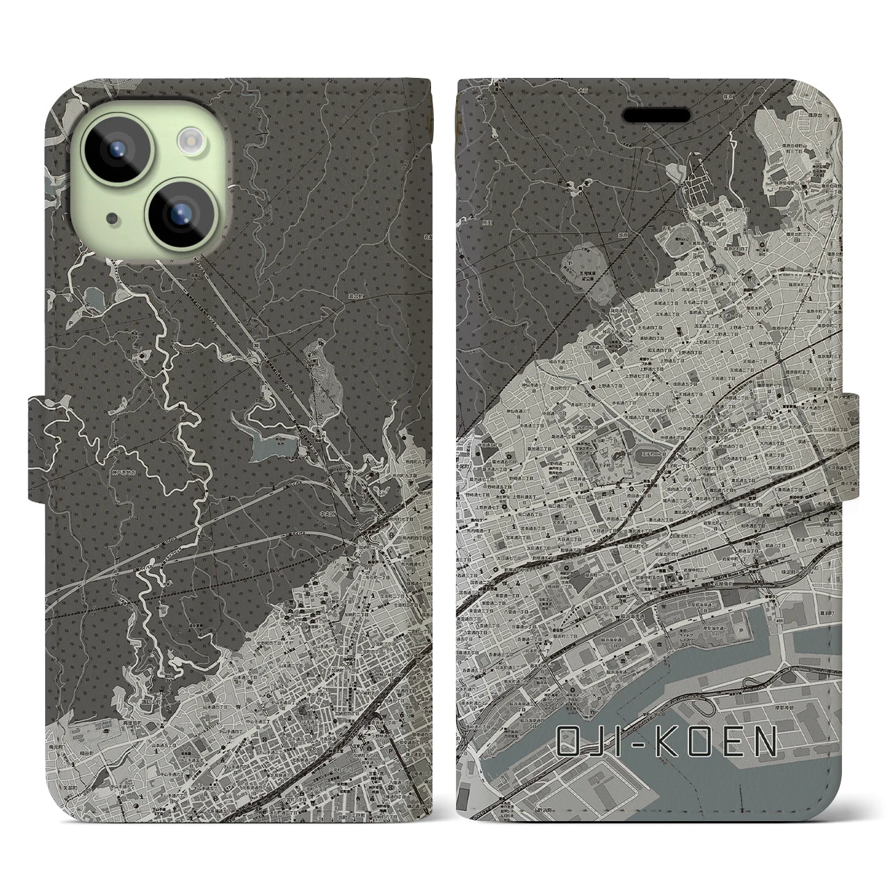 【王子公園(兵庫県)】地図柄iPhoneケース(手帳タイプ)モノトーン・iPhone 15 用