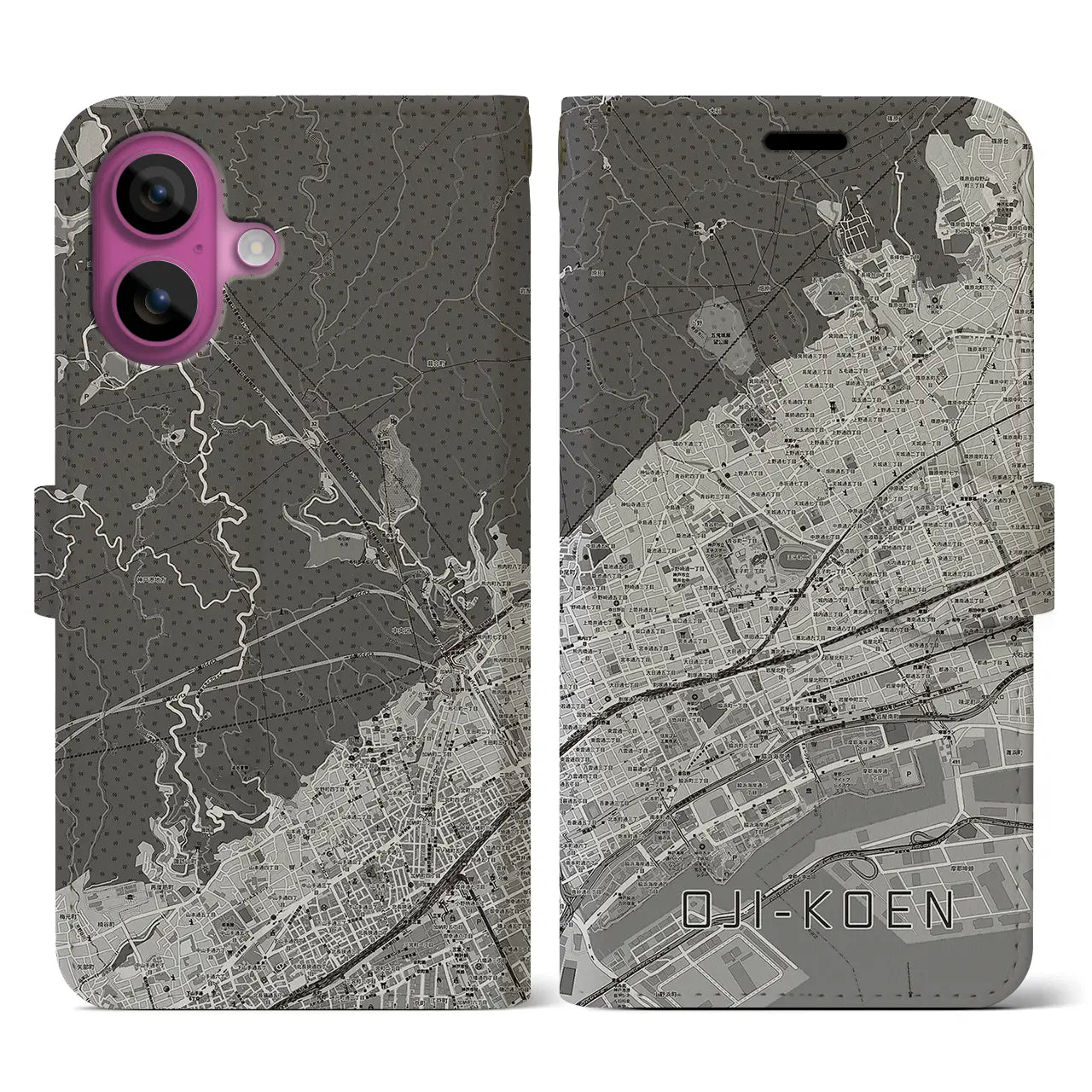【王子公園(兵庫県)】地図柄iPhoneケース(手帳タイプ)モノトーン・iPhone 16 Pro 用