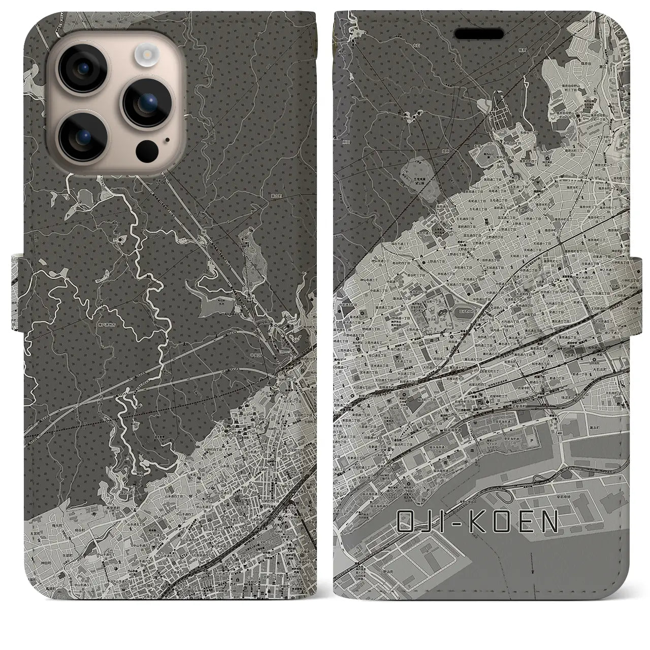【王子公園(兵庫県)】地図柄iPhoneケース(手帳タイプ)モノトーン・iPhone 16 Plus 用