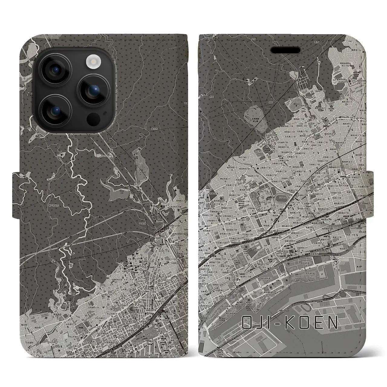 【王子公園(兵庫県)】地図柄iPhoneケース(手帳タイプ)モノトーン・iPhone 16 用