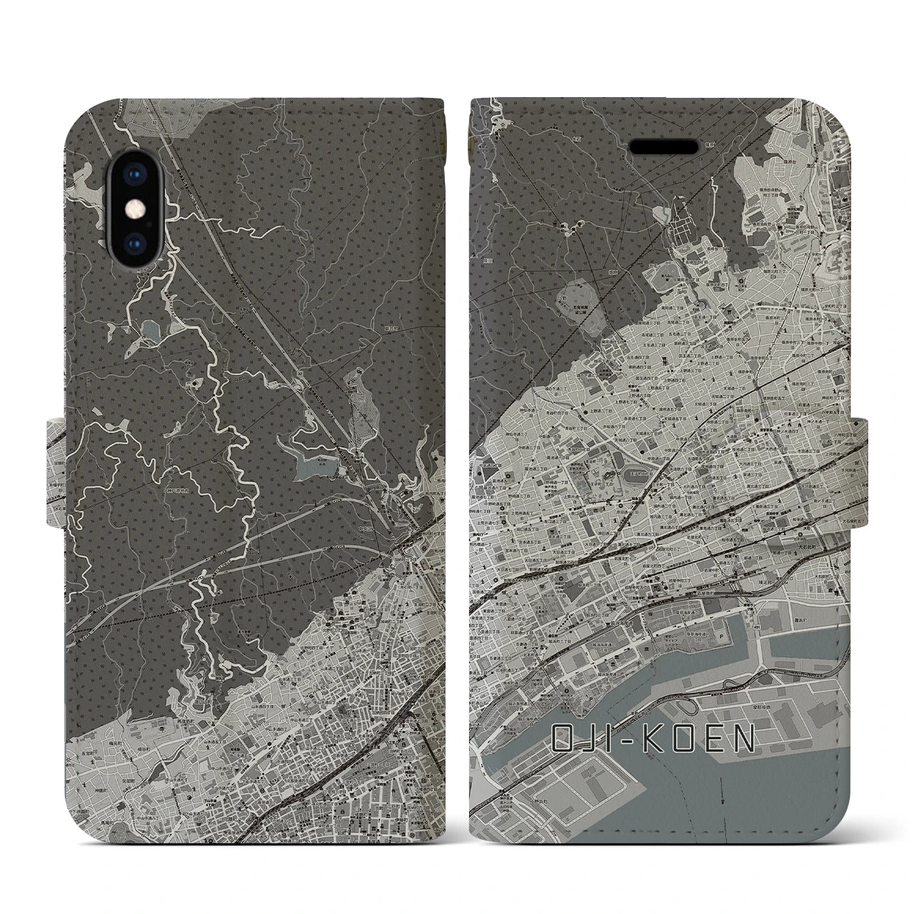【王子公園(兵庫県)】地図柄iPhoneケース(手帳タイプ)モノトーン・iPhone XS / X 用