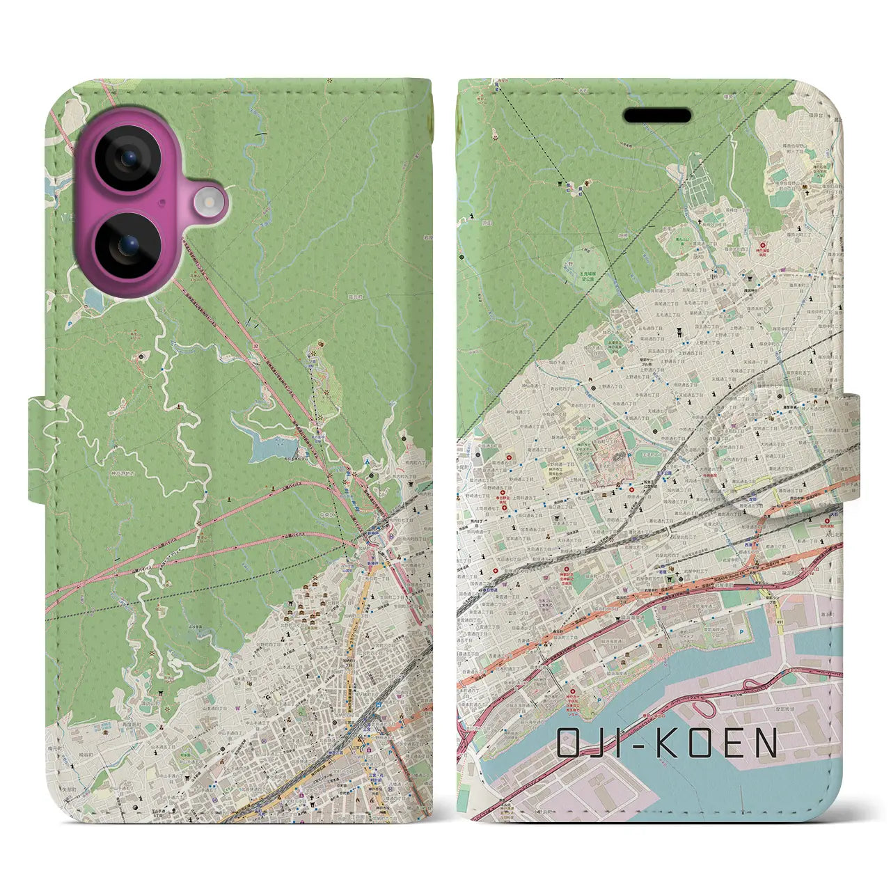 【王子公園(兵庫県)】地図柄iPhoneケース(手帳タイプ)ナチュラル・iPhone 16 Pro 用